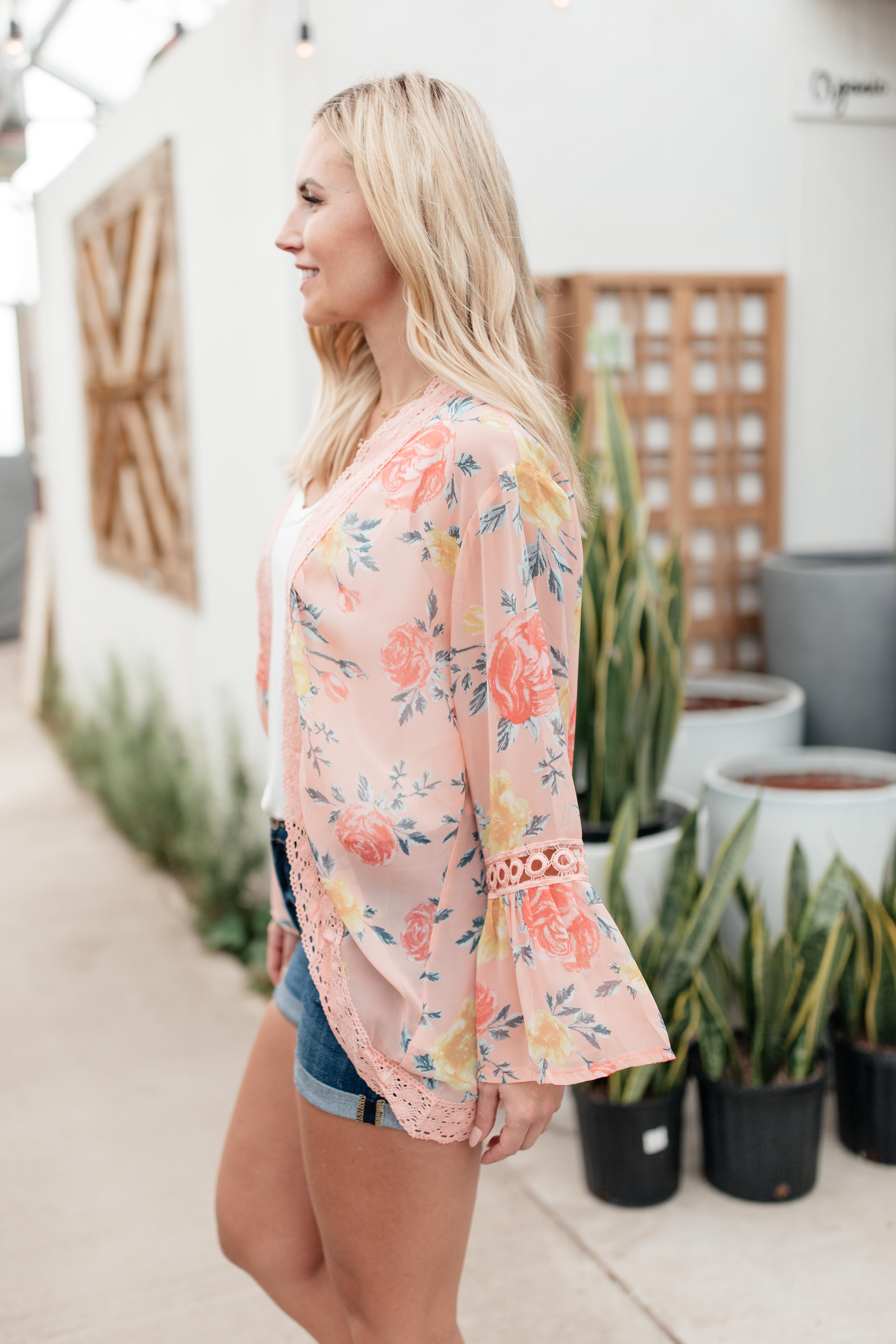 Floral Bell Sleeve Kimono in Pink