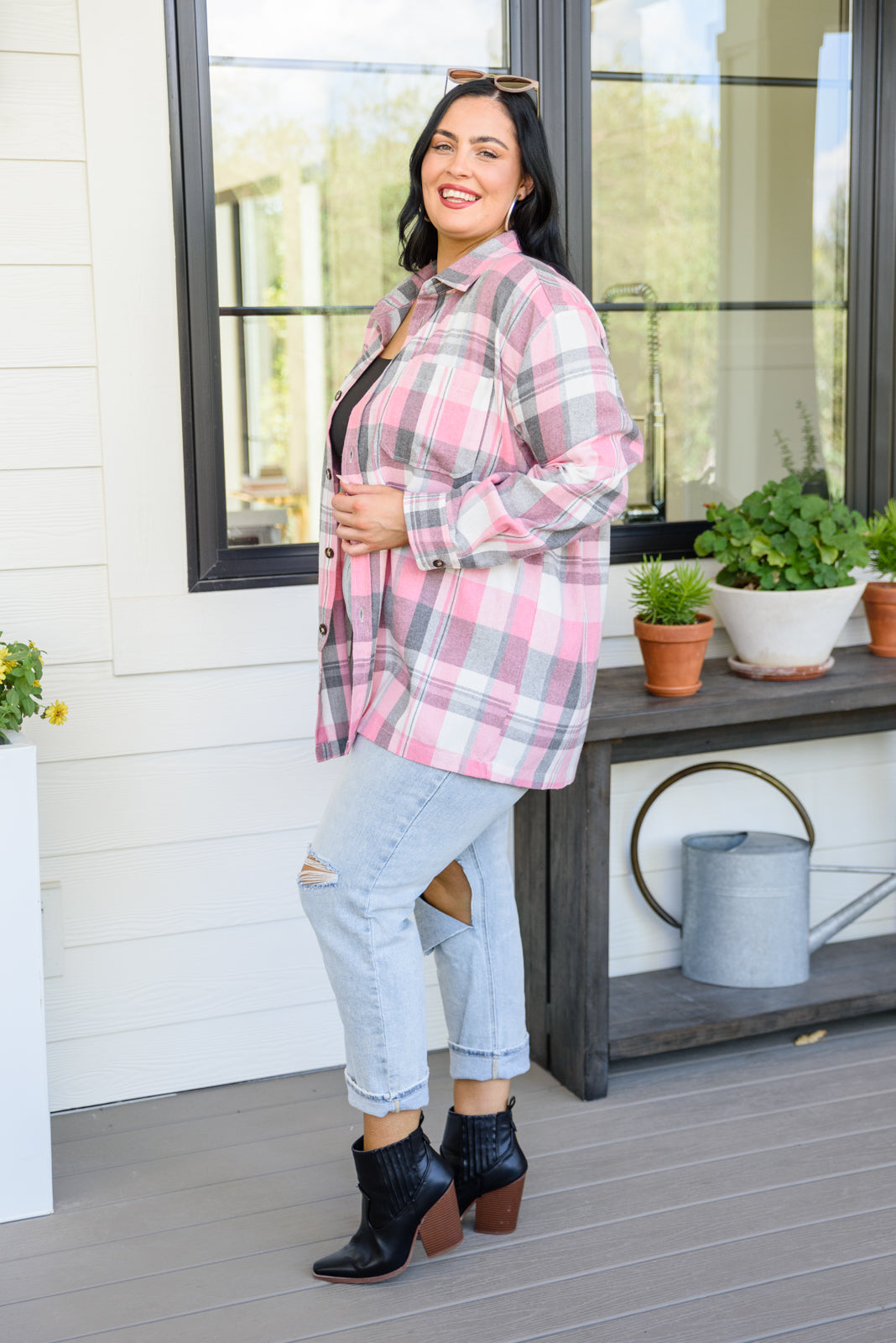 Go For It Oversize Plaid Flannel Shacket In Pink