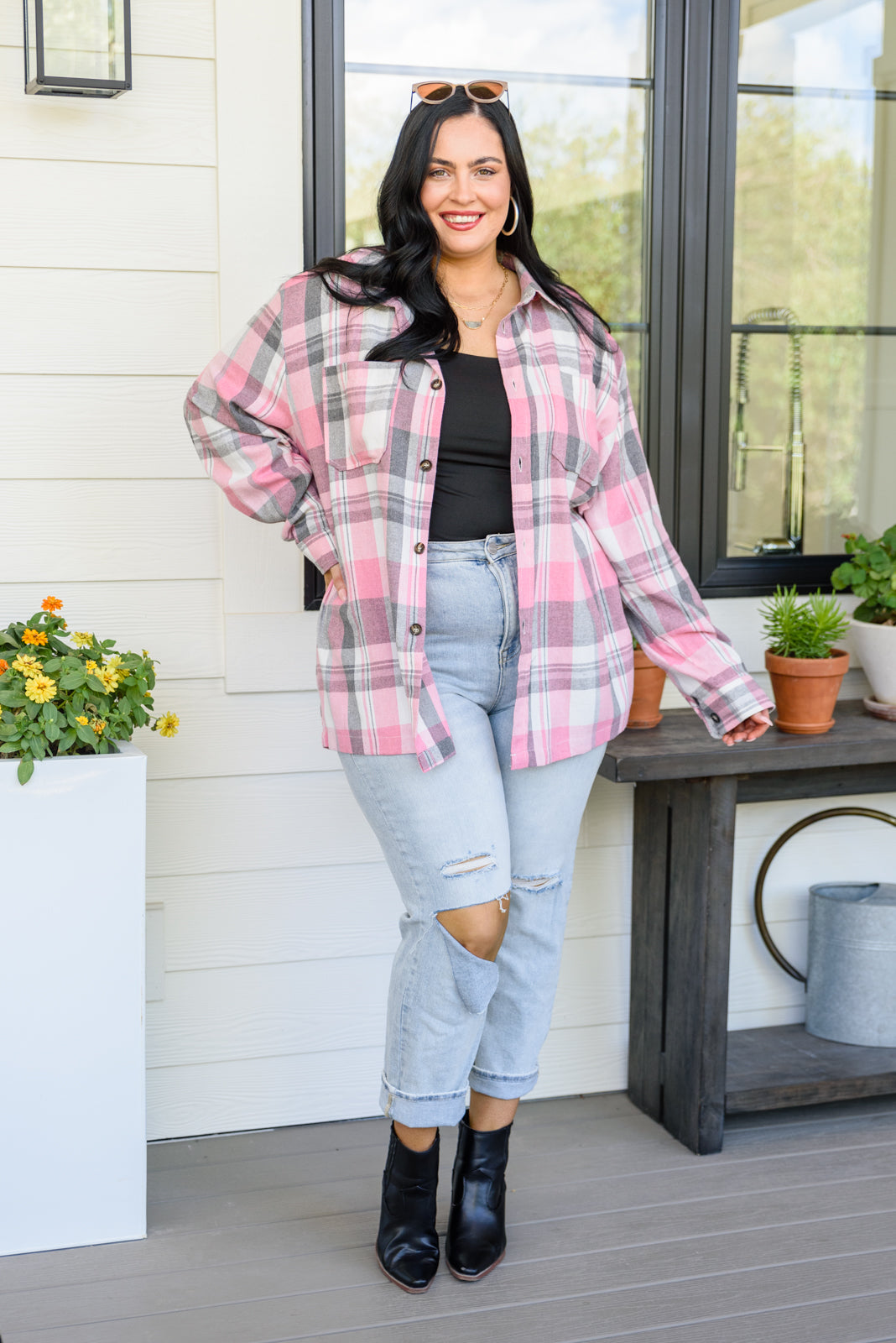 Go For It Oversize Plaid Flannel Shacket In Pink