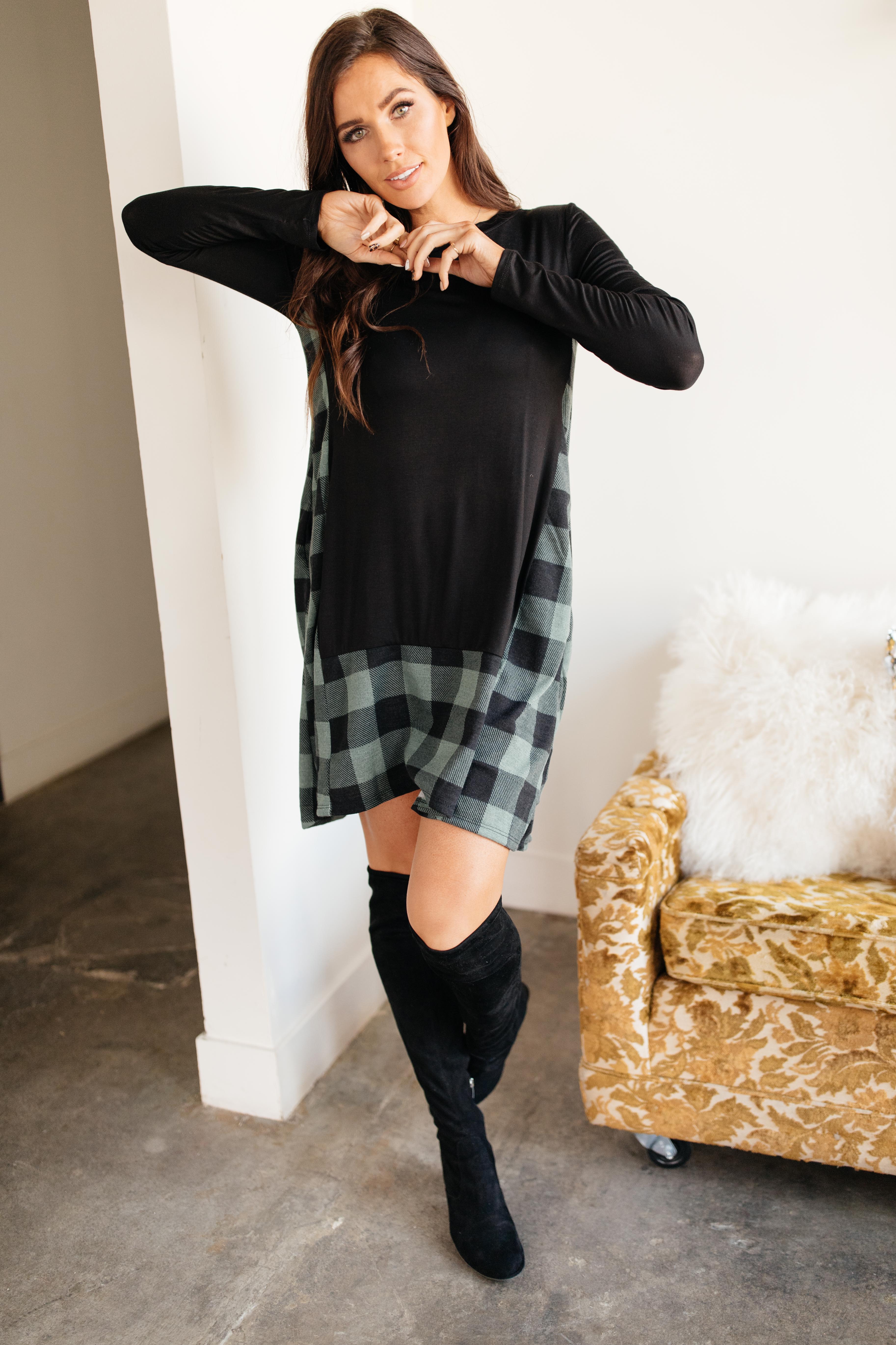 Hints Of Plaid Dress in Green