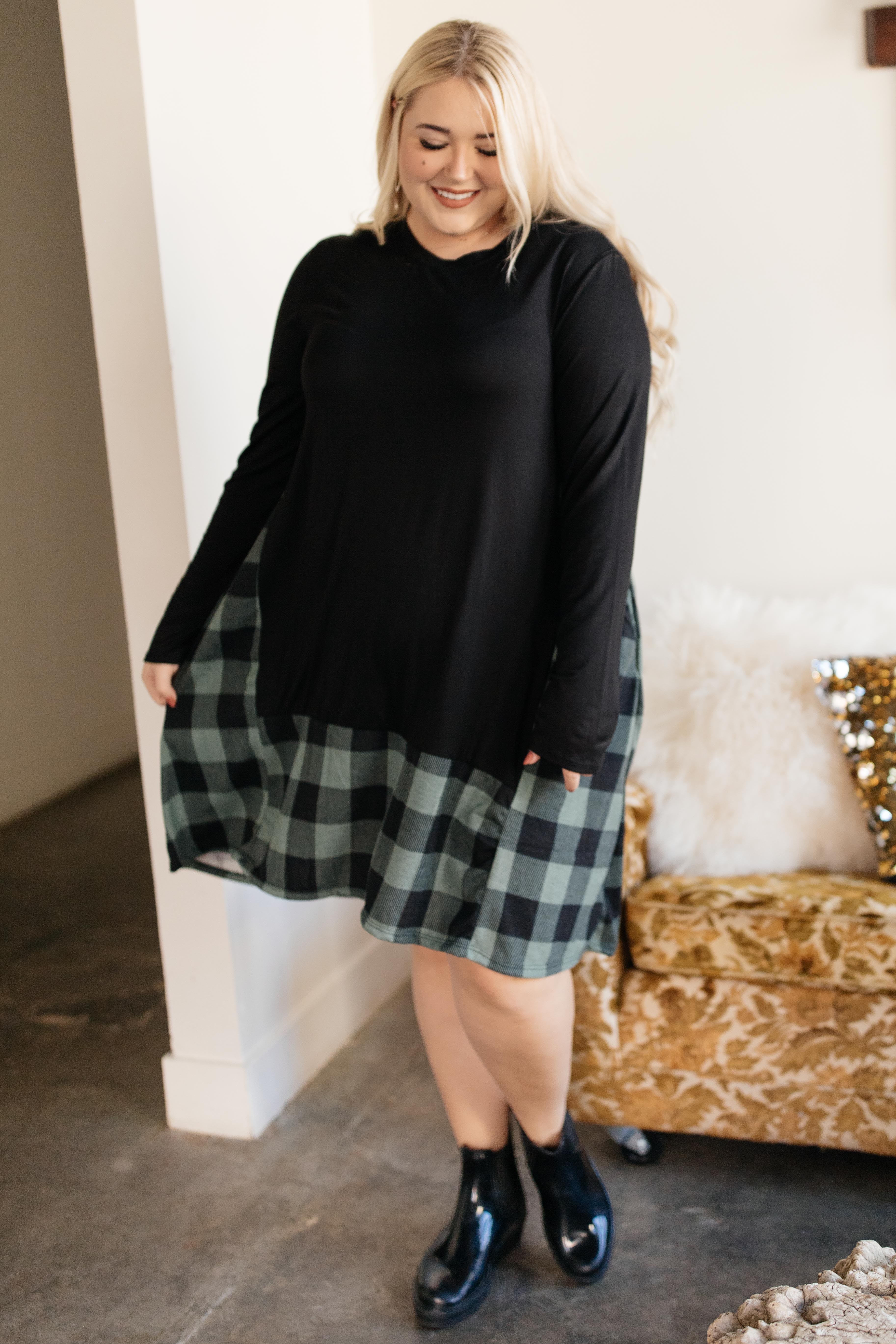 Hints Of Plaid Dress in Green