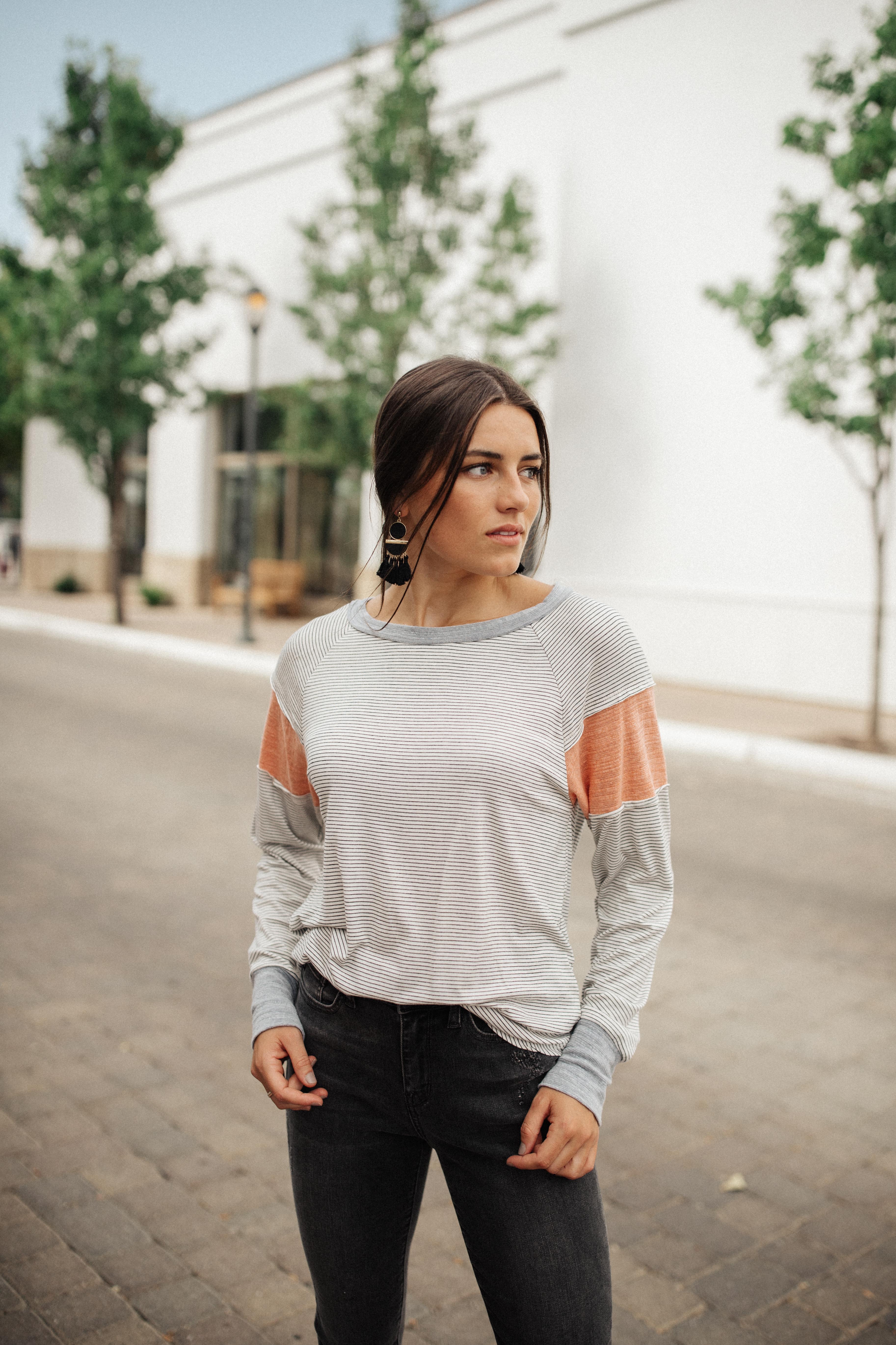 Home Base Contrast Long Sleeve Top In Heather Gray