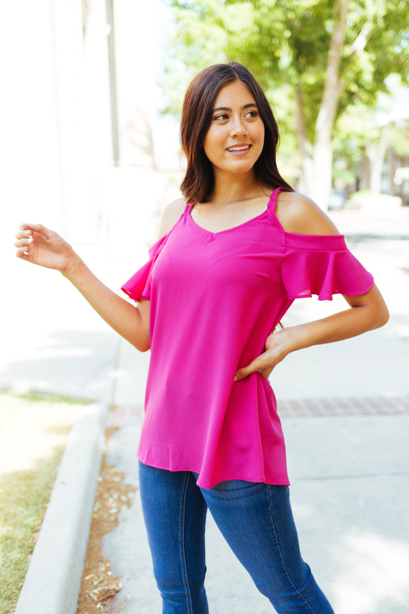 Ruffled Cold Shoulder Blouse In Hot Pink