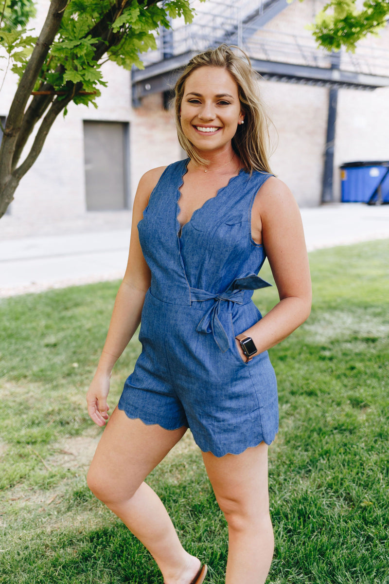 Scallop Away Denim Romper