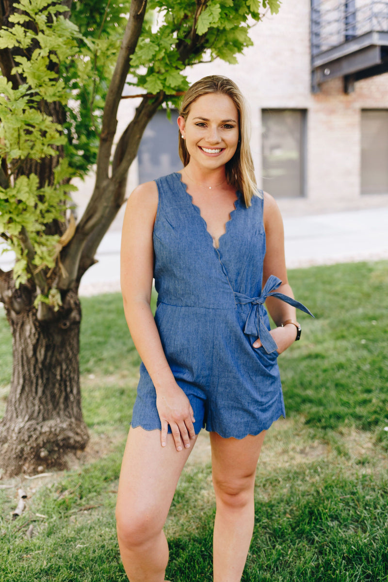 Scallop Away Denim Romper