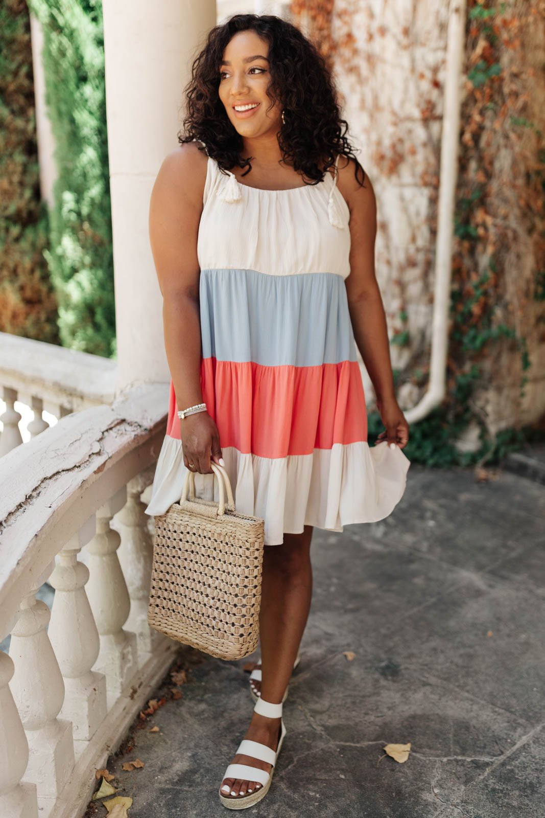 Color Block Ruffles Midi Dress In Coral