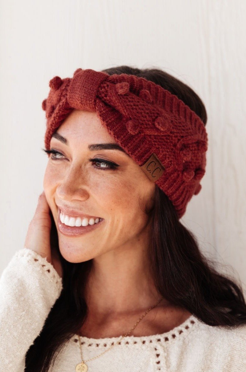 Pom Knit Head Wrap In Coco Berry