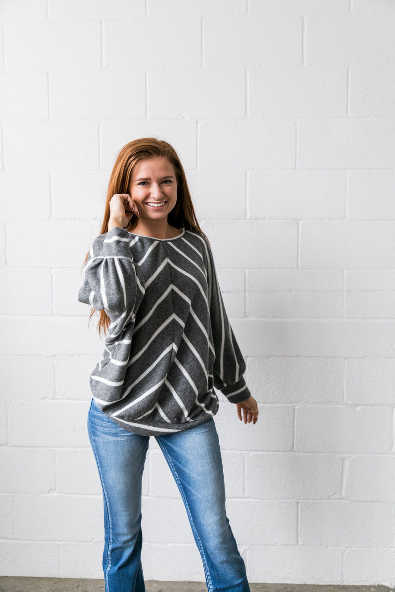 Aim Higher Chevron Striped Top In Charcoal - ALL SALES FINAL