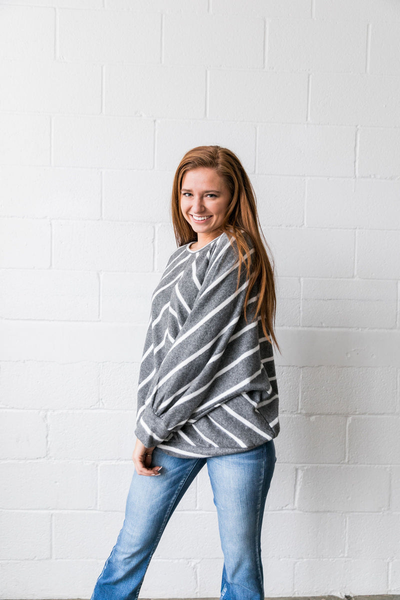 Aim Higher Chevron Striped Top In Charcoal - ALL SALES FINAL