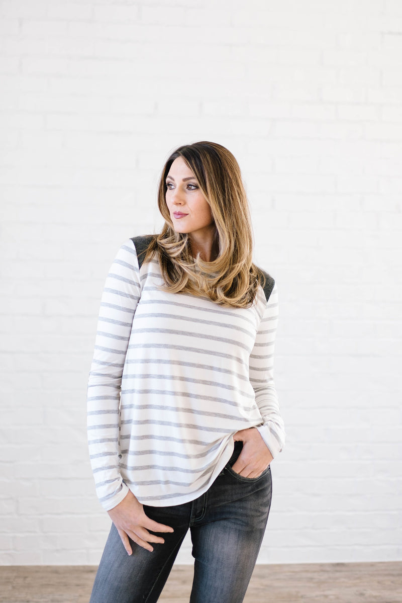 Alta Striped Long Sleeve Top in Gray & White