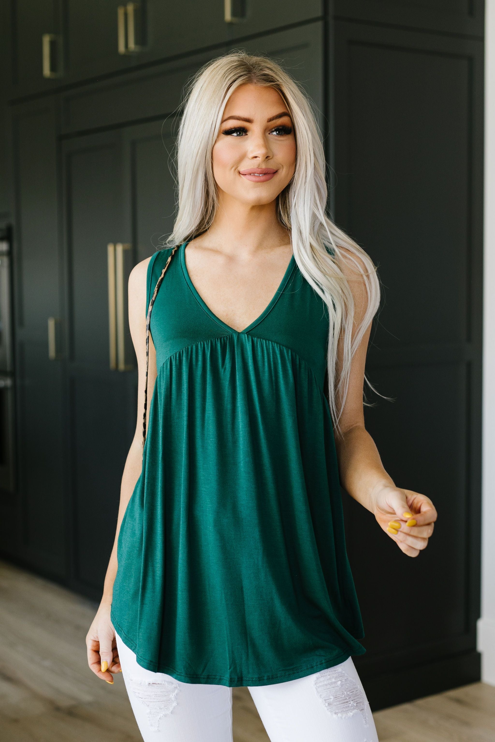 Bamboo Babydoll V-Neck Tank In Green