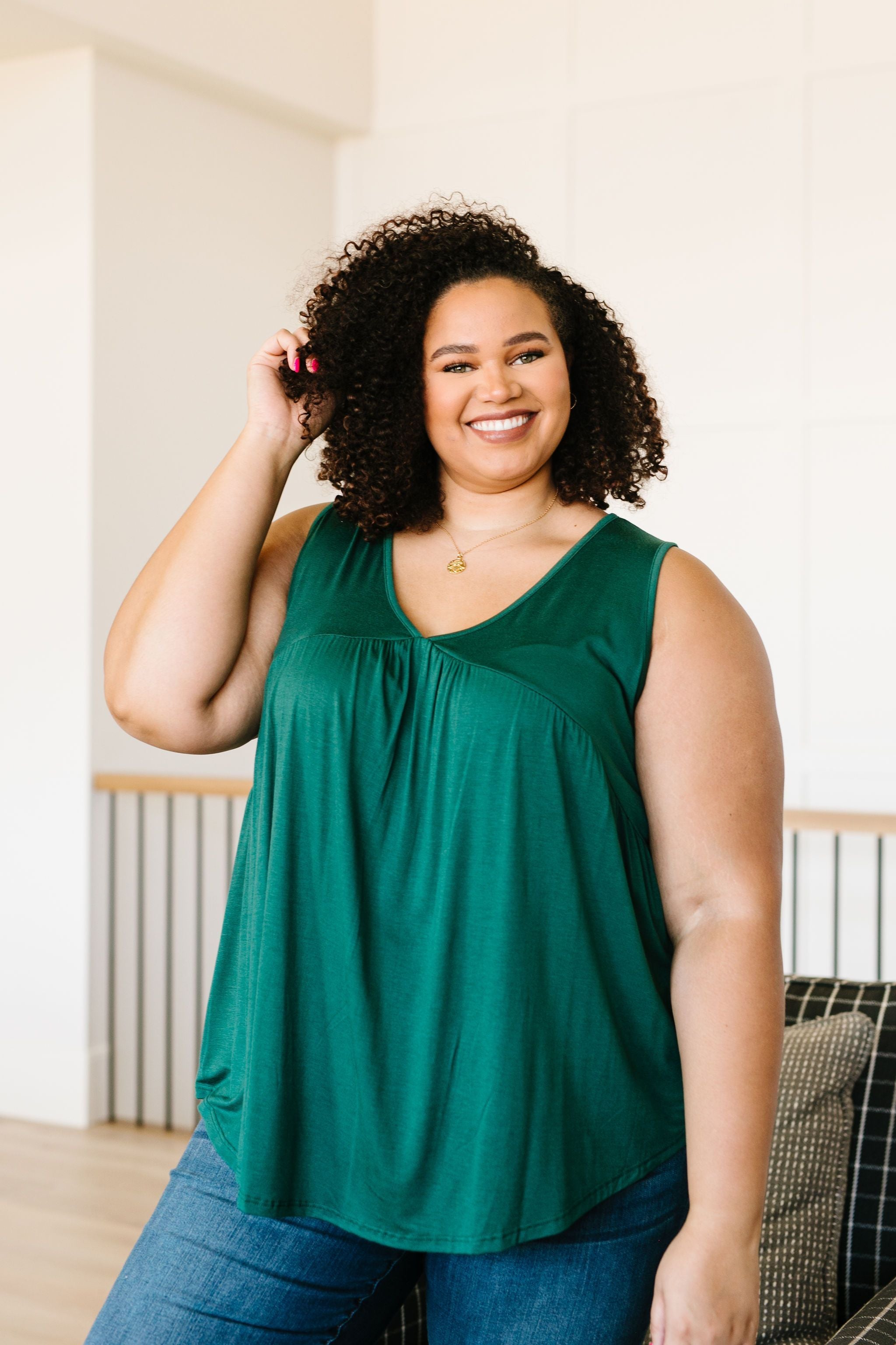 Bamboo Babydoll V-Neck Tank In Green