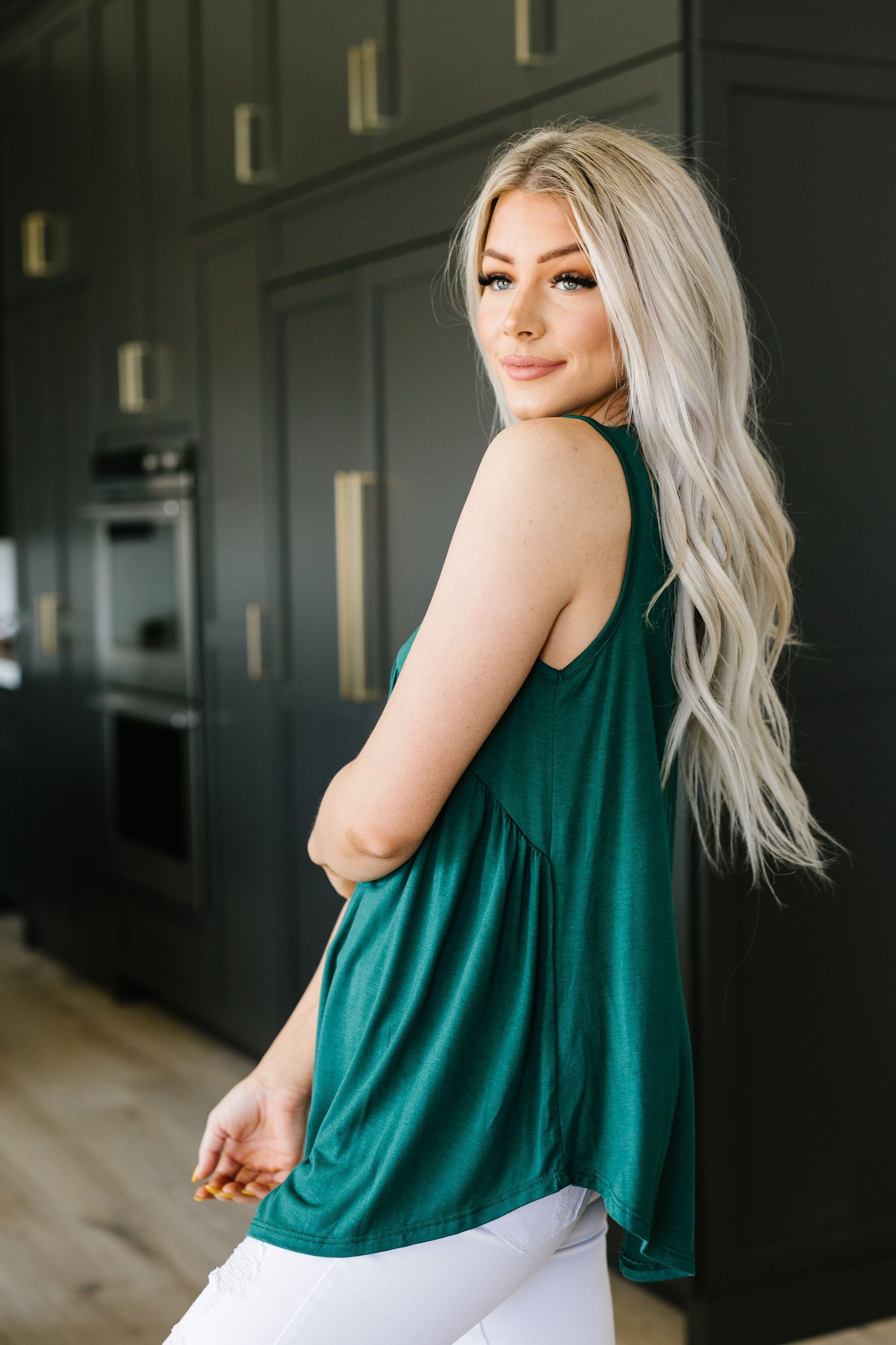 Bamboo Babydoll V-Neck Tank In Green