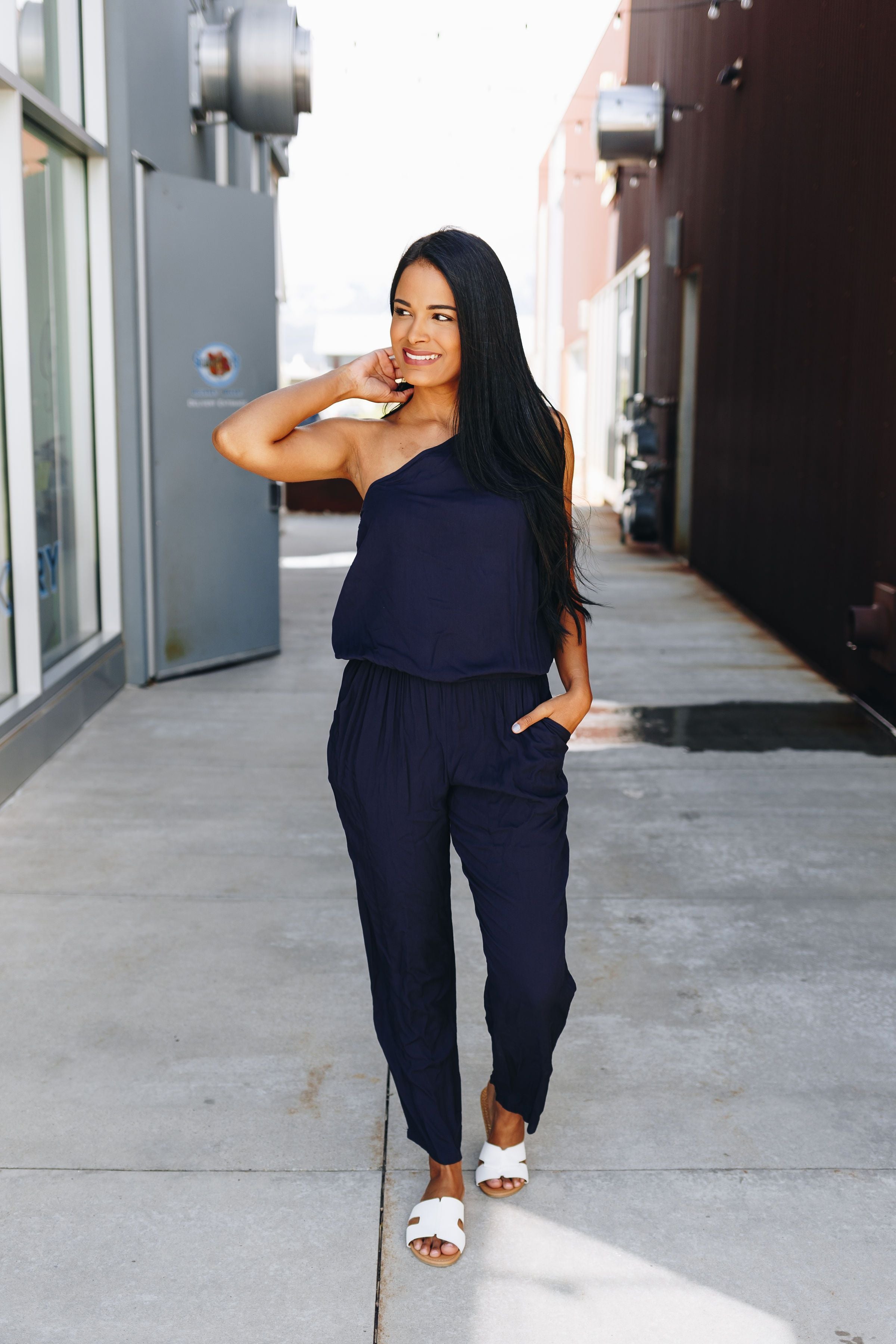 Bare Shoulder Navy Jumpsuit