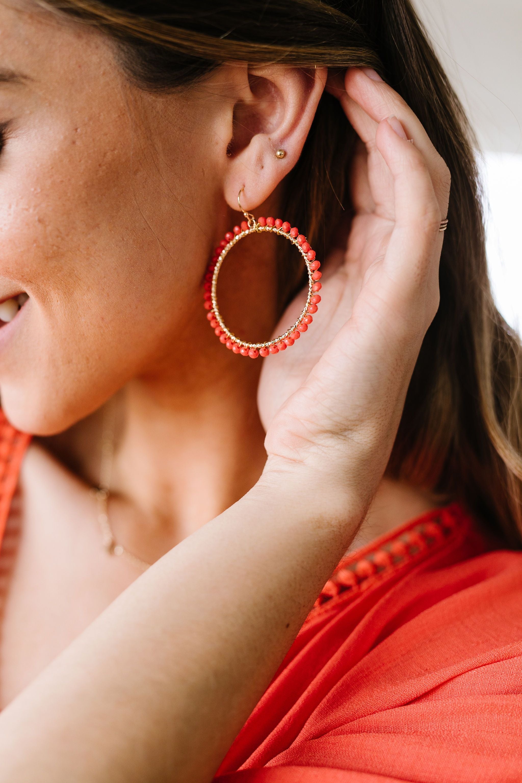 Beaded Coral Hoop Earrings