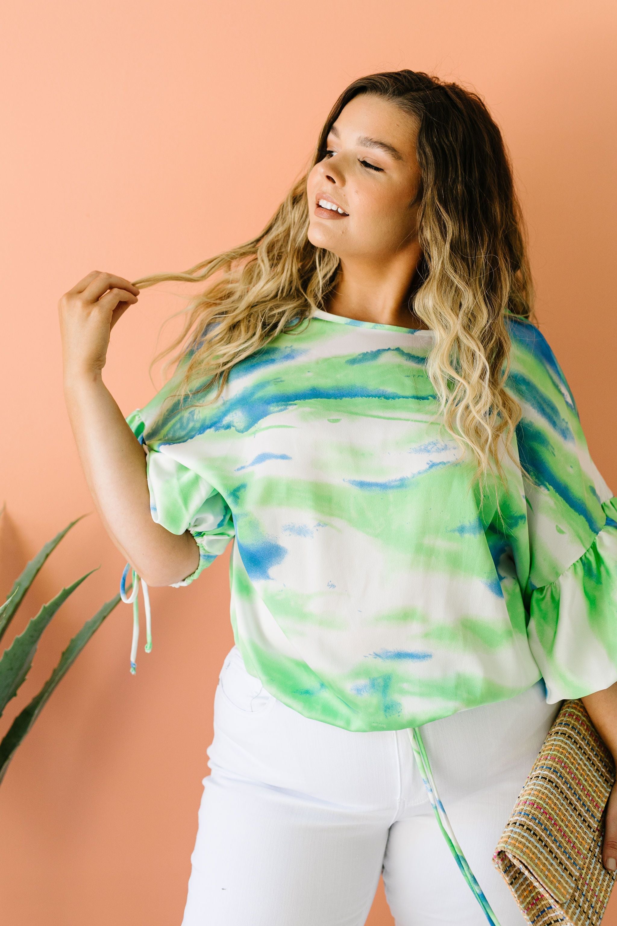 Bishop Sleeve Boho Crop Top In Turquoise & Mint