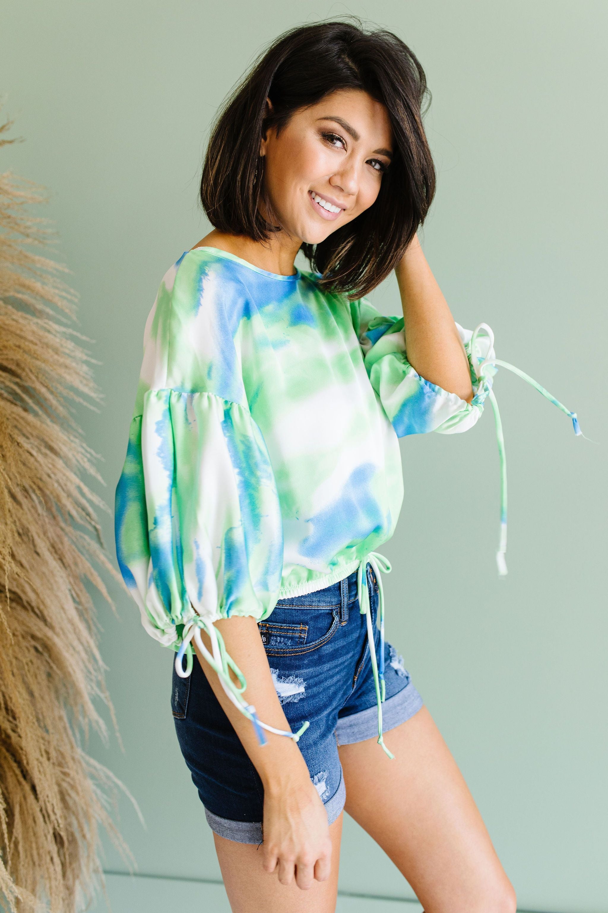 Bishop Sleeve Boho Crop Top In Turquoise & Mint