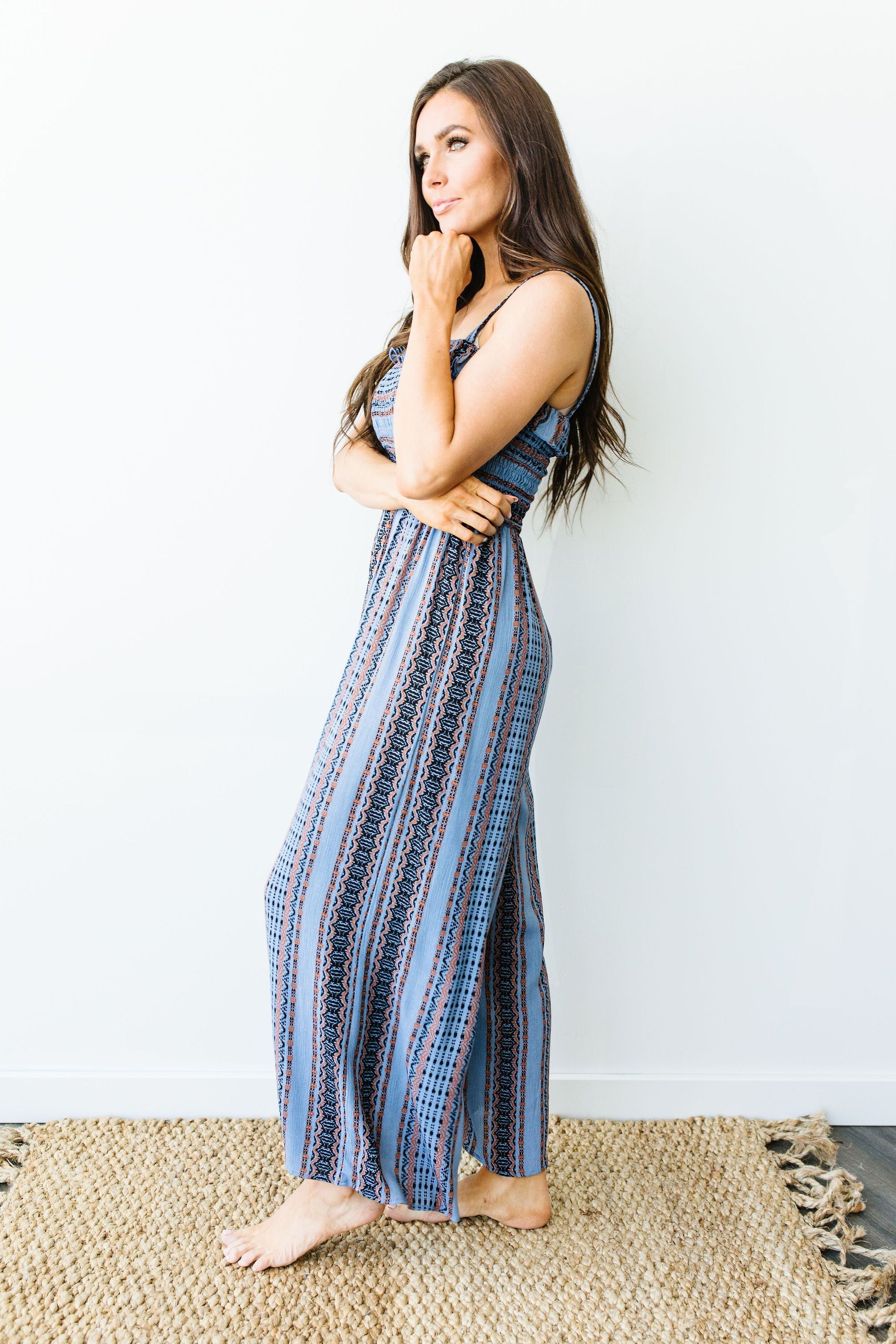 Boho Smocked Jumpsuit In Blue
