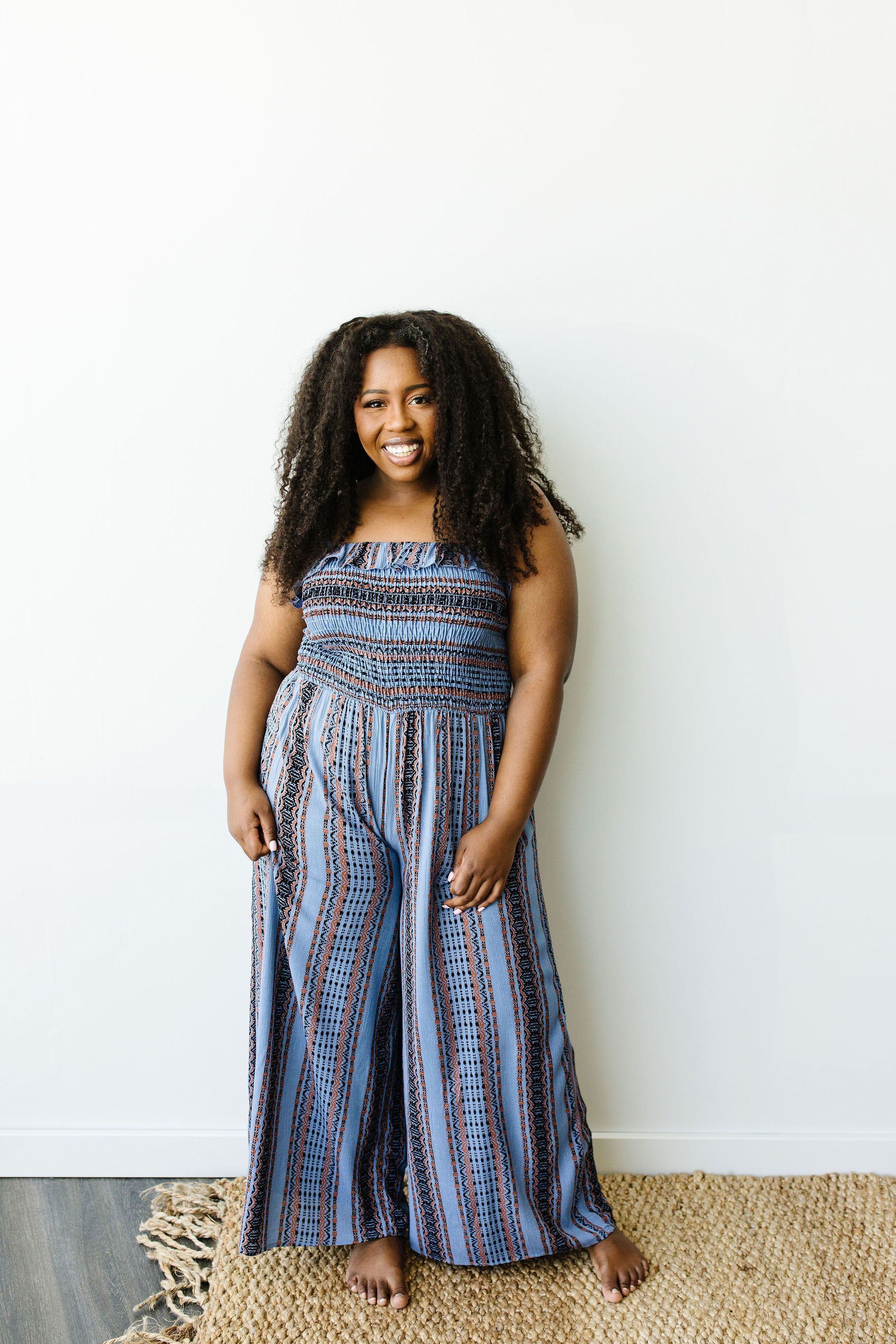 Boho Smocked Jumpsuit In Blue