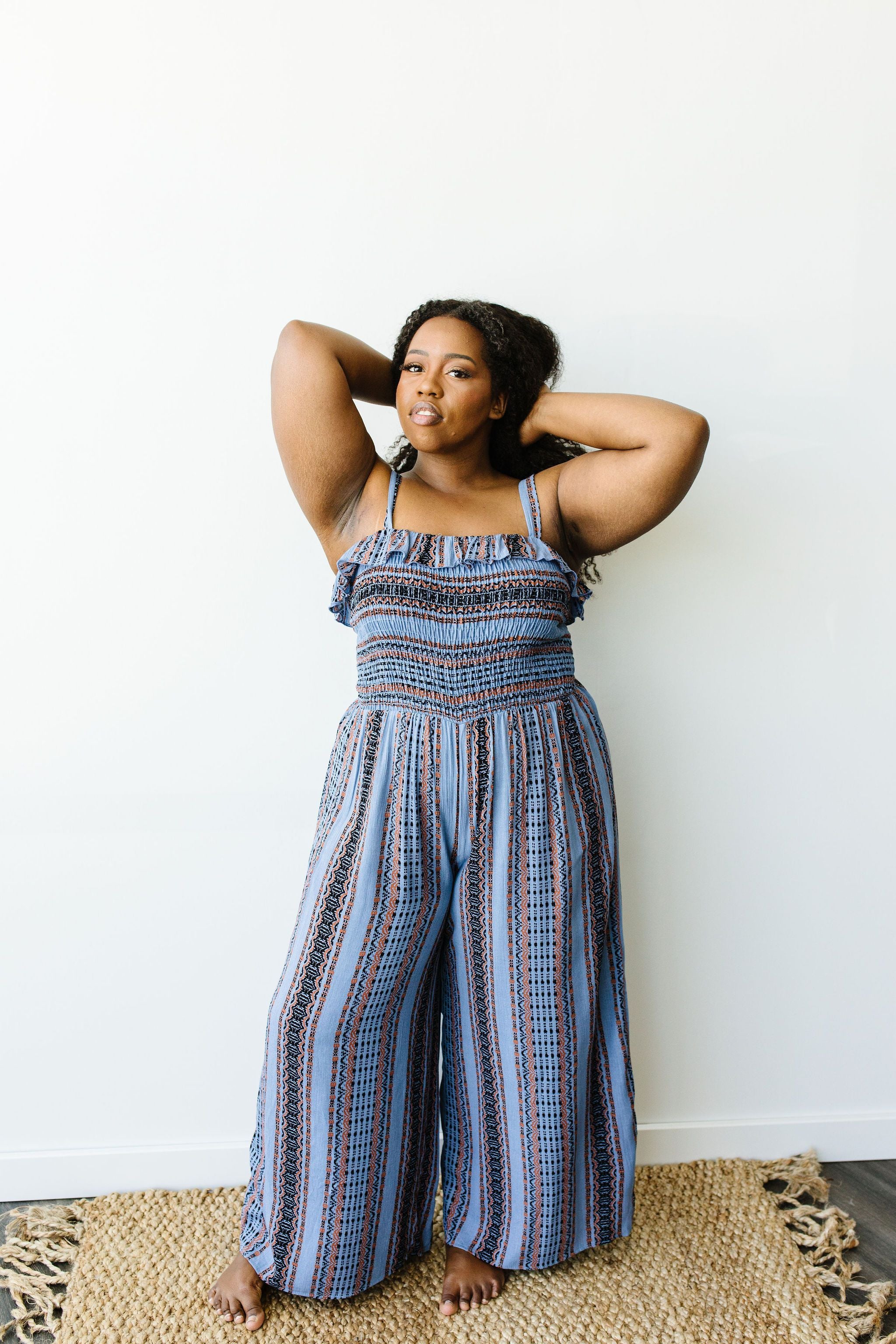Boho Smocked Jumpsuit In Blue