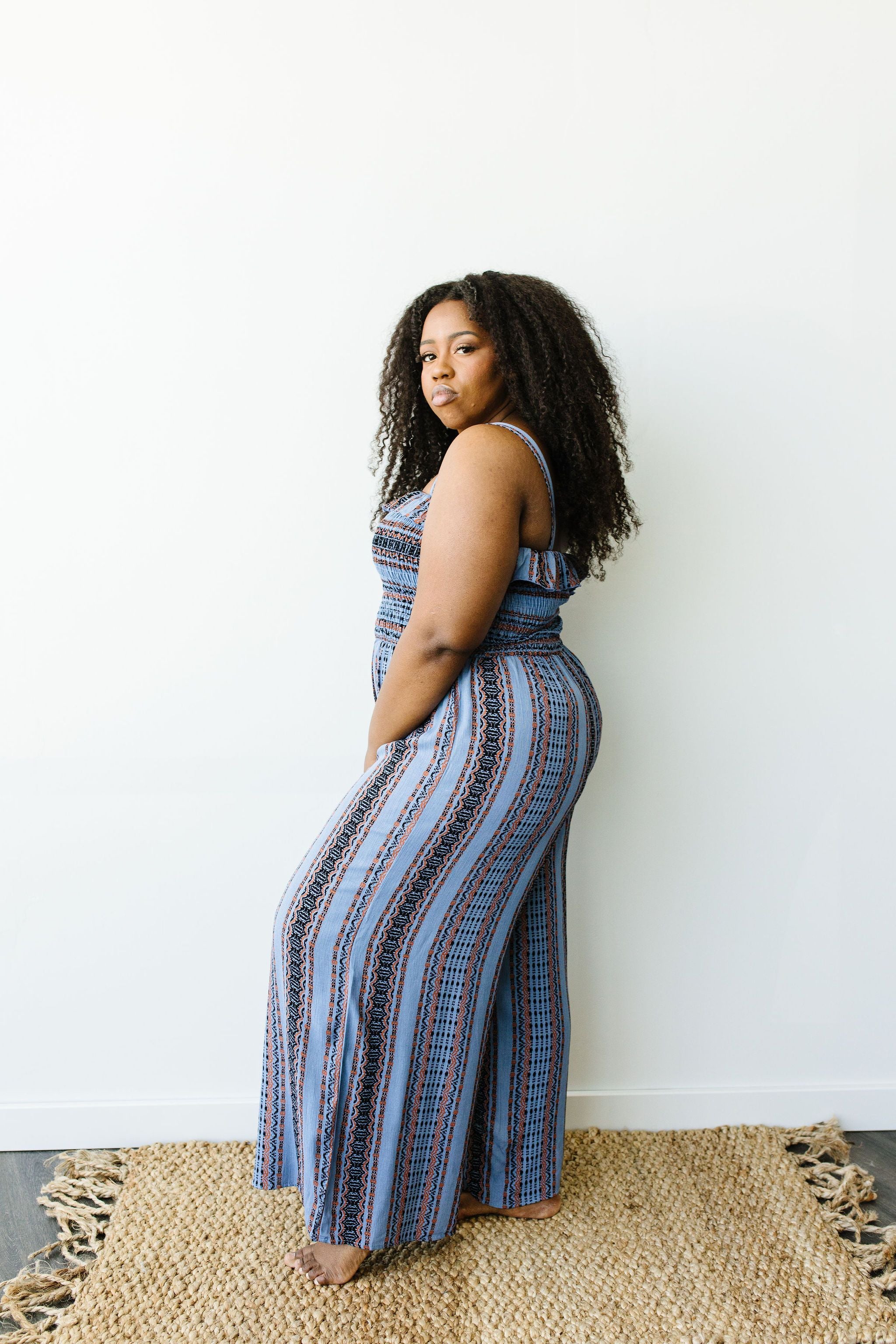 Boho Smocked Jumpsuit In Blue