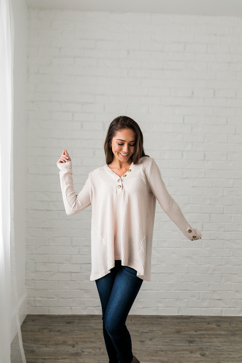 Bountiful Buttons V-Neck In Natural - ALL SALES FINAL