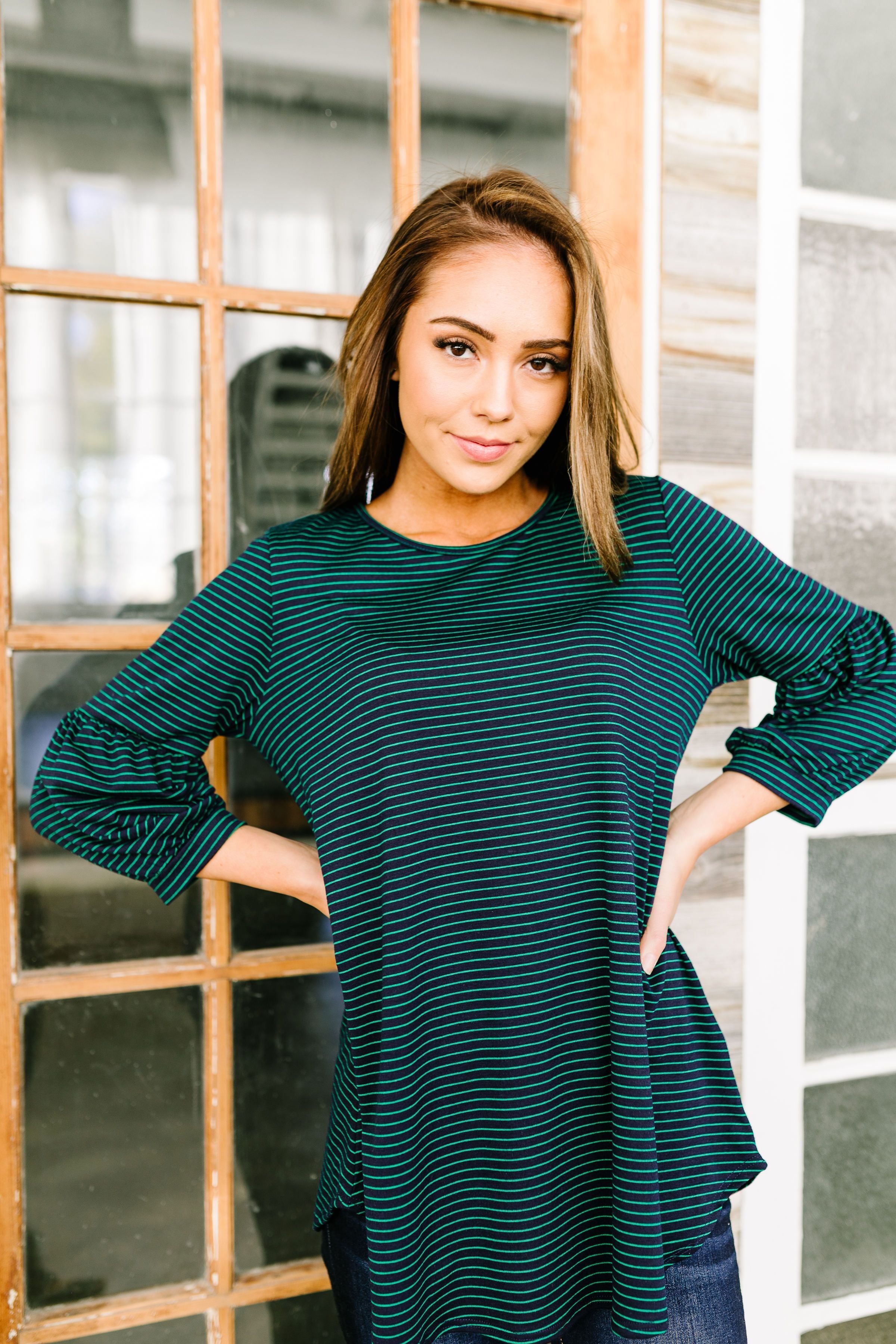 Bubble Sleeve Striped Top In Navy + Green - ALL SALES FINAL