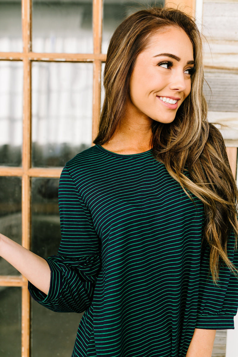 Bubble Sleeve Striped Top In Navy + Green - ALL SALES FINAL