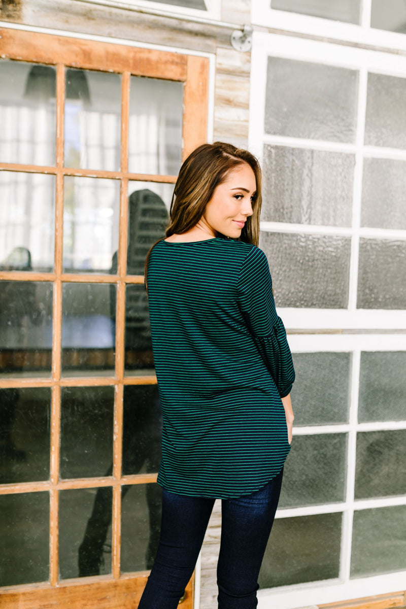 Bubble Sleeve Striped Top In Navy + Green - ALL SALES FINAL