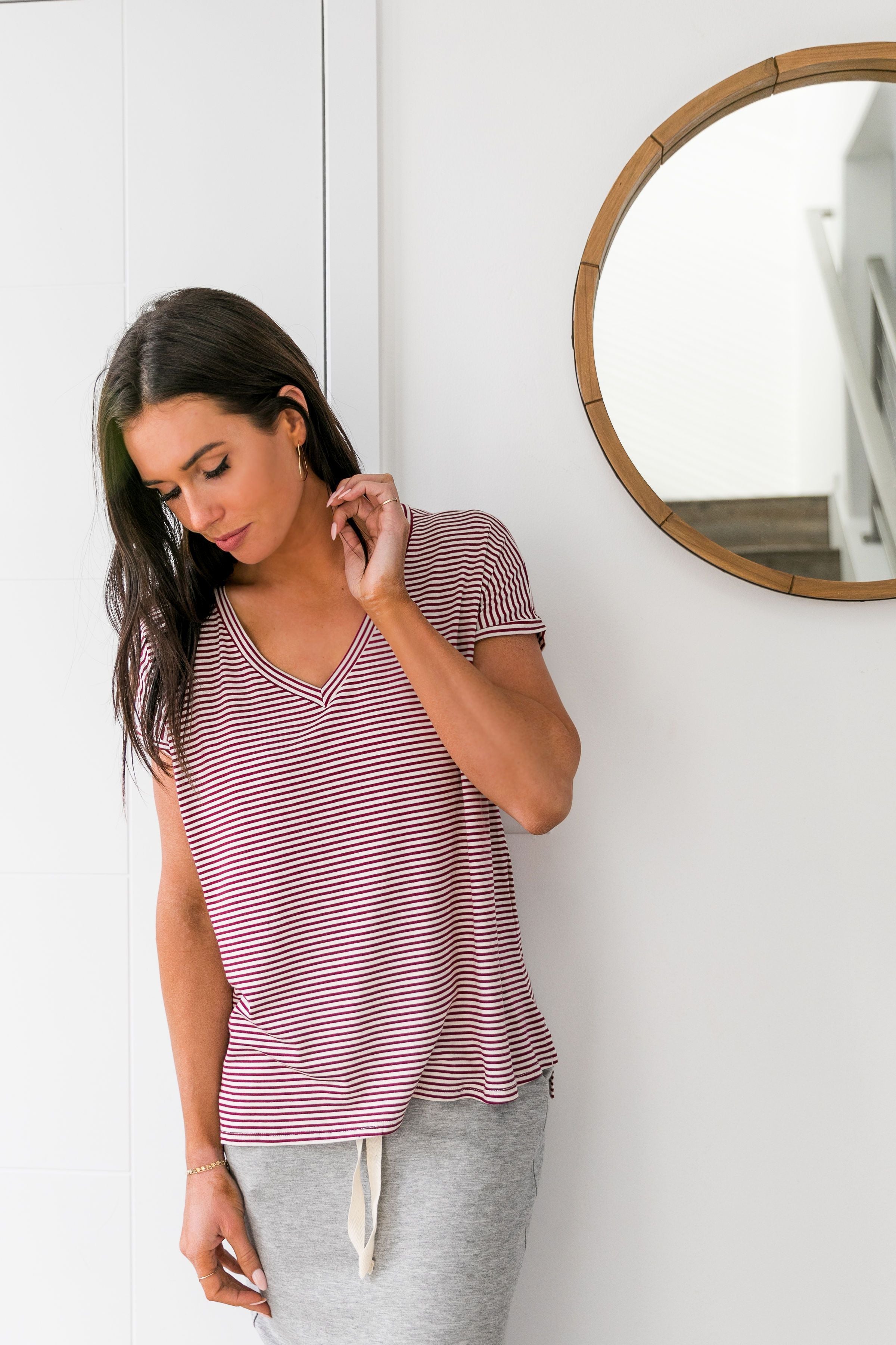 Burgundy Striped V-Neck Tee - ALL SALES FINAL