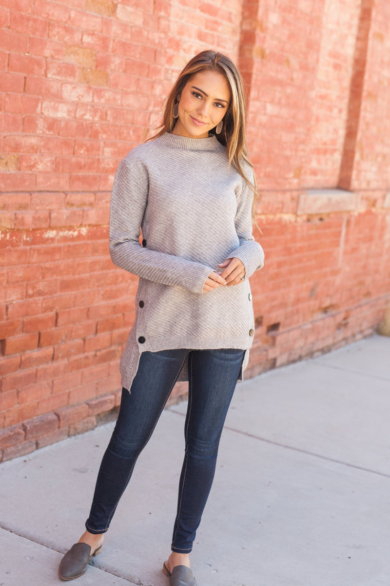 Buttons On The Side High Low Sweater In Gray - ALL SALES FINAL