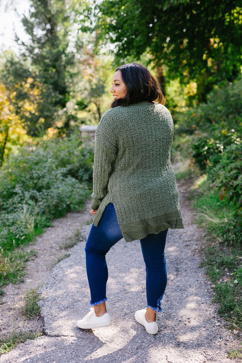 Cable Knit Popcorn Sweater In Olive
