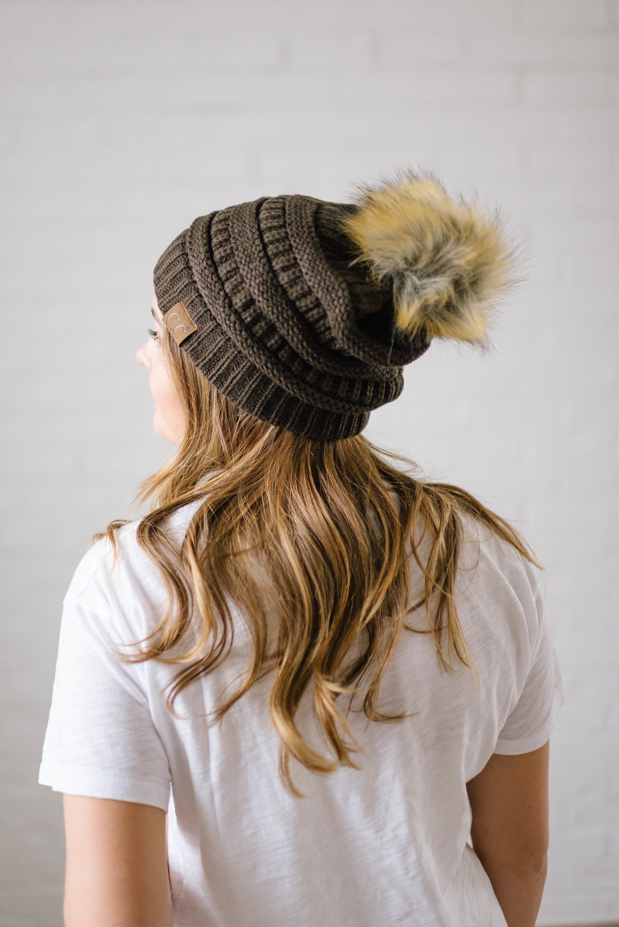 CC Fur PomPom Beanie in Brown
