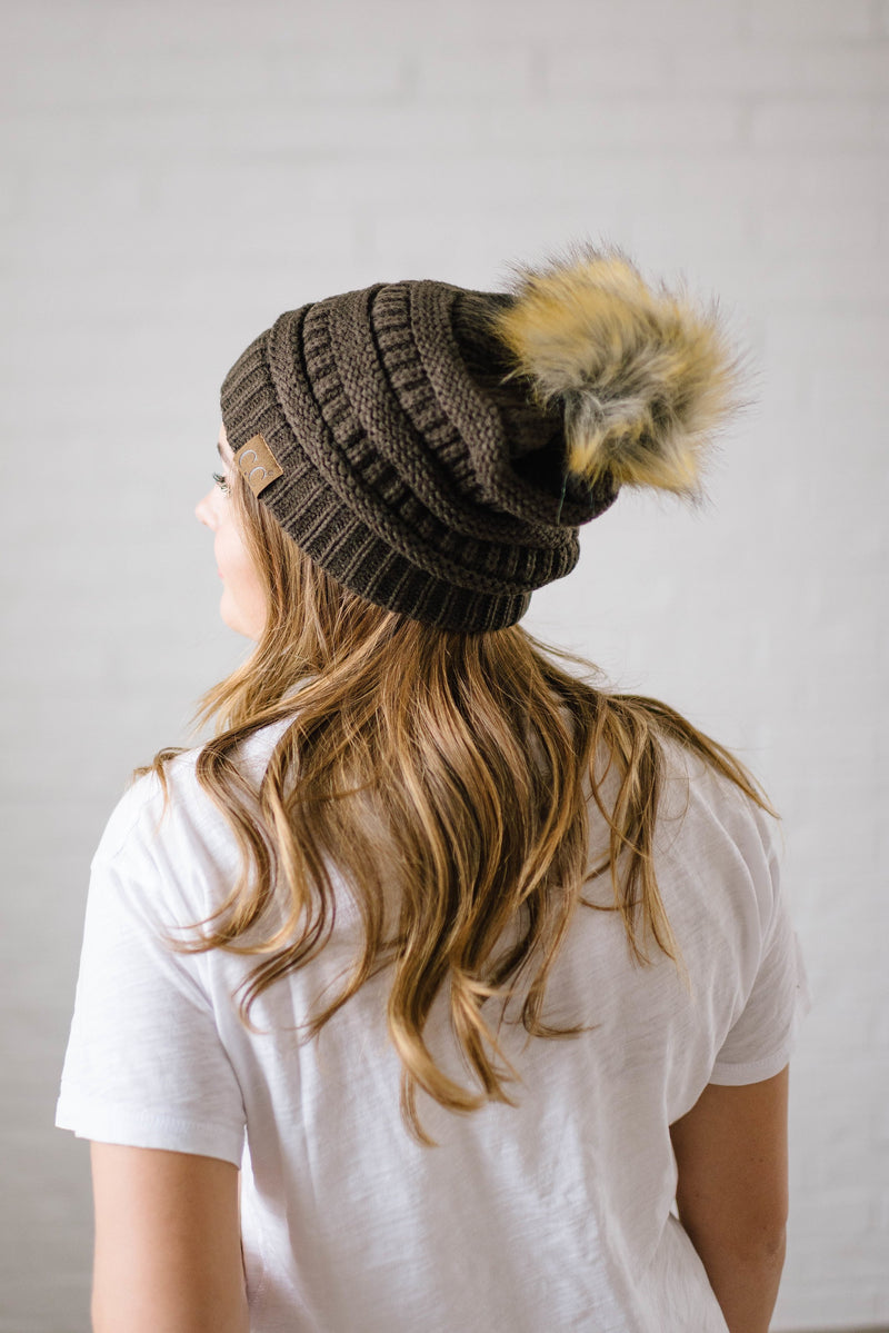 CC Fur PomPom Beanie in Brown