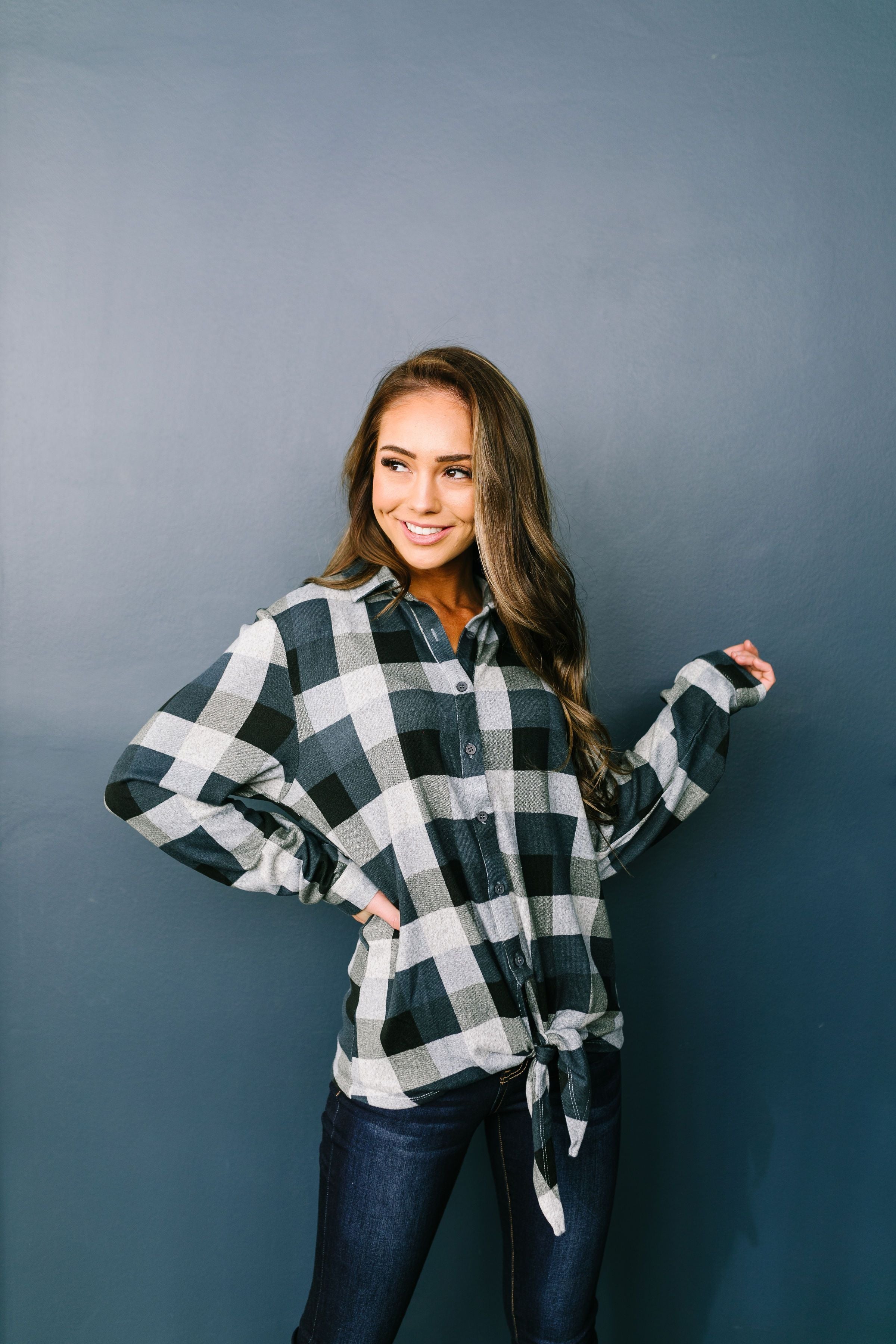 Checkered Past Button-Down Tie Front Top - ALL SALES FINAL