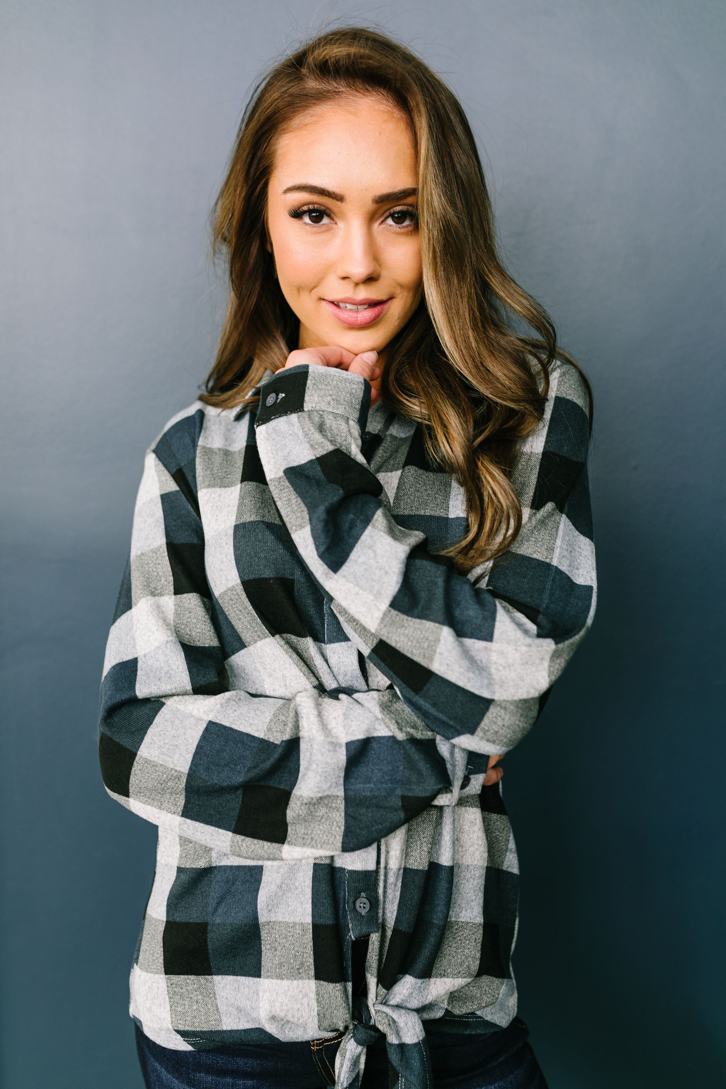 Checkered Past Button-Down Tie Front Top - ALL SALES FINAL