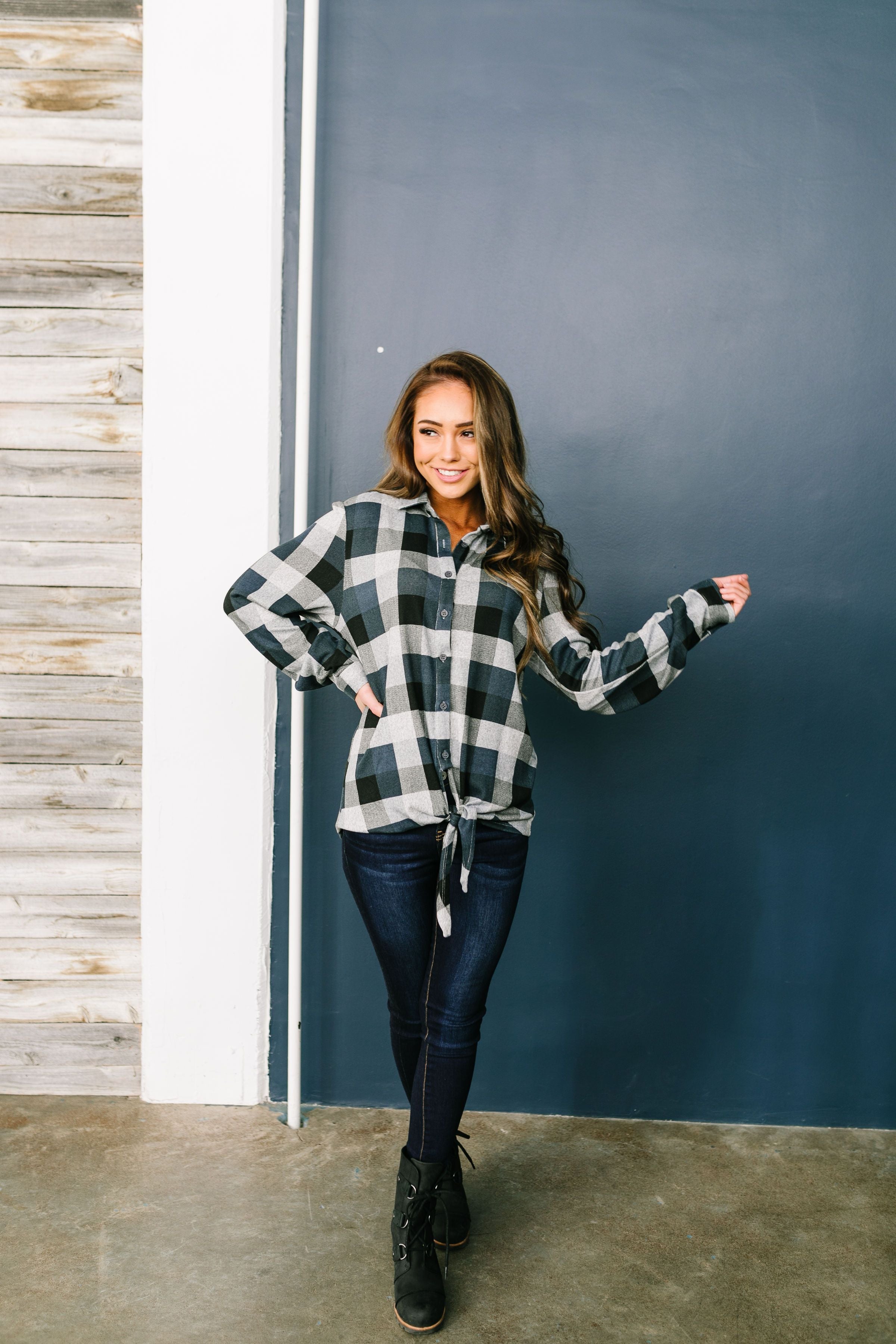 Checkered Past Button-Down Tie Front Top - ALL SALES FINAL