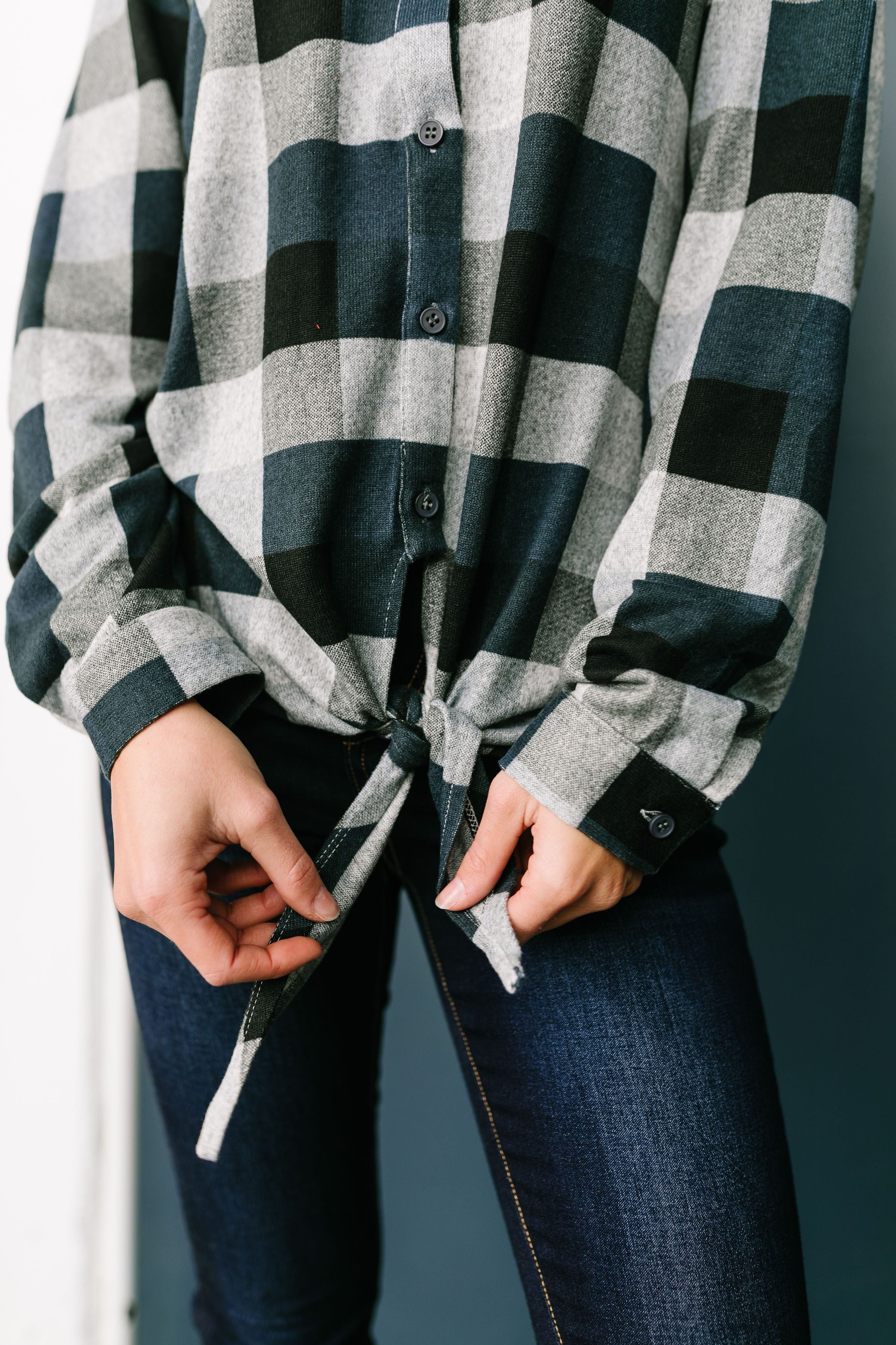 Checkered Past Button-Down Tie Front Top - ALL SALES FINAL