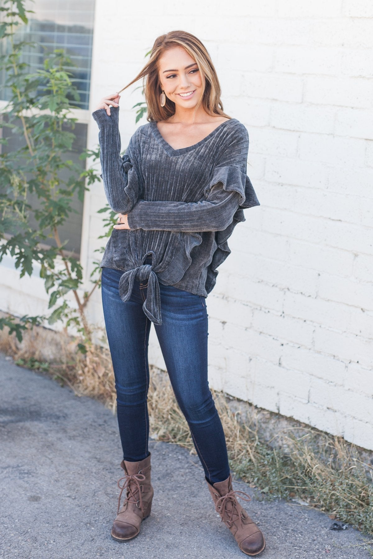 Chic Chenille Ruffled Tie Front Top - ALL SALES FINAL