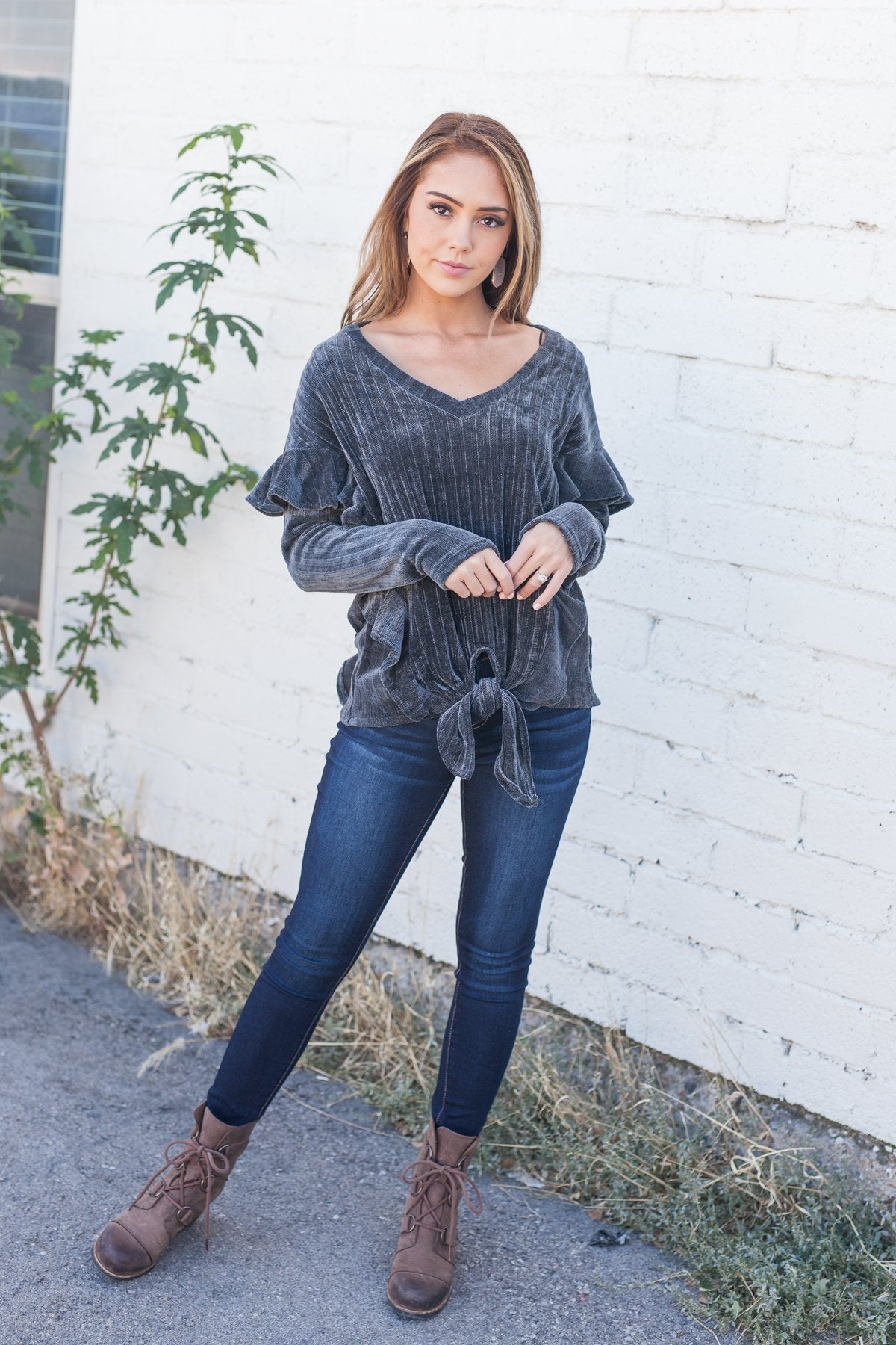 Chic Chenille Ruffled Tie Front Top - ALL SALES FINAL