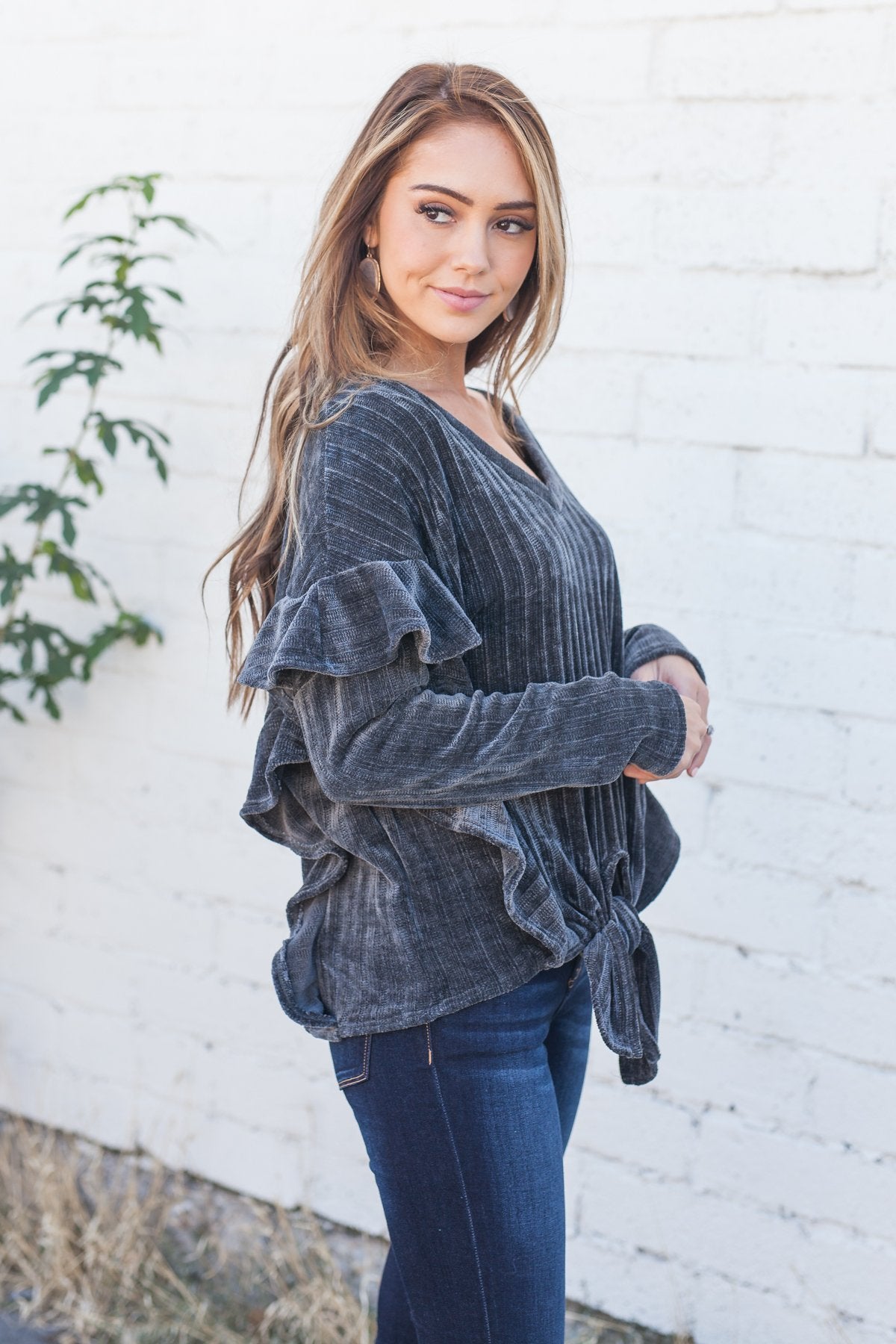 Chic Chenille Ruffled Tie Front Top - ALL SALES FINAL
