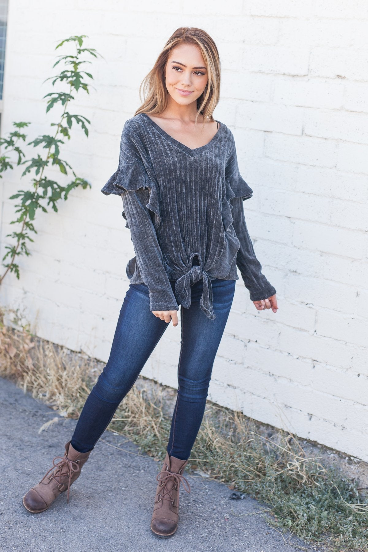 Chic Chenille Ruffled Tie Front Top - ALL SALES FINAL