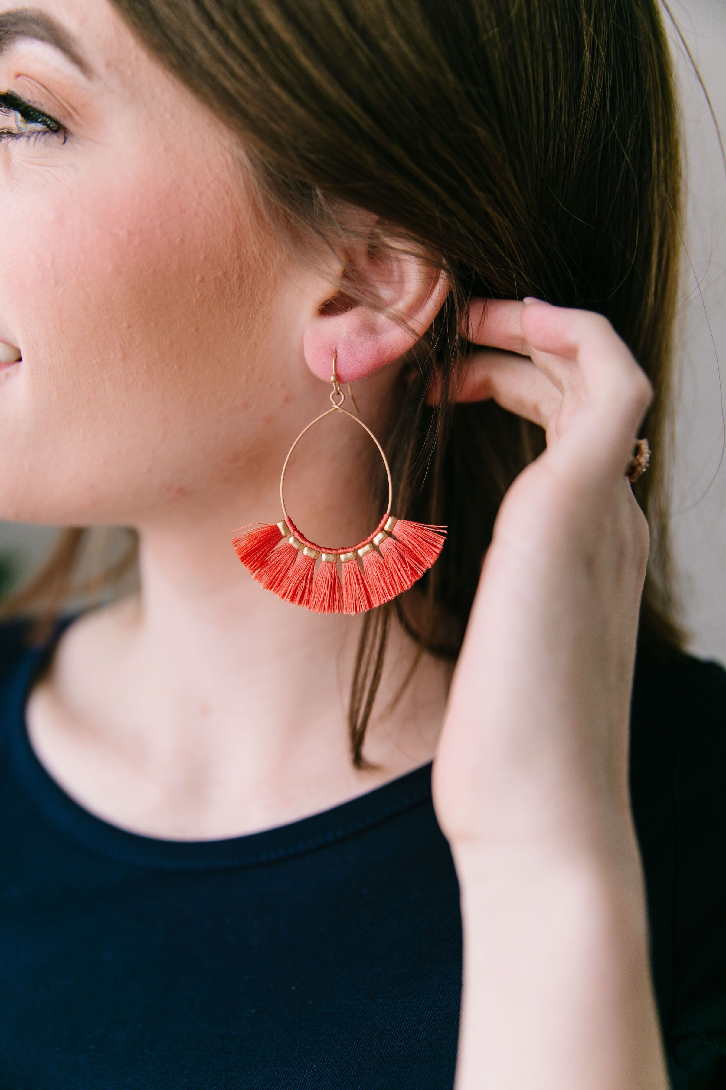Coral Tassel Hoop Earrings