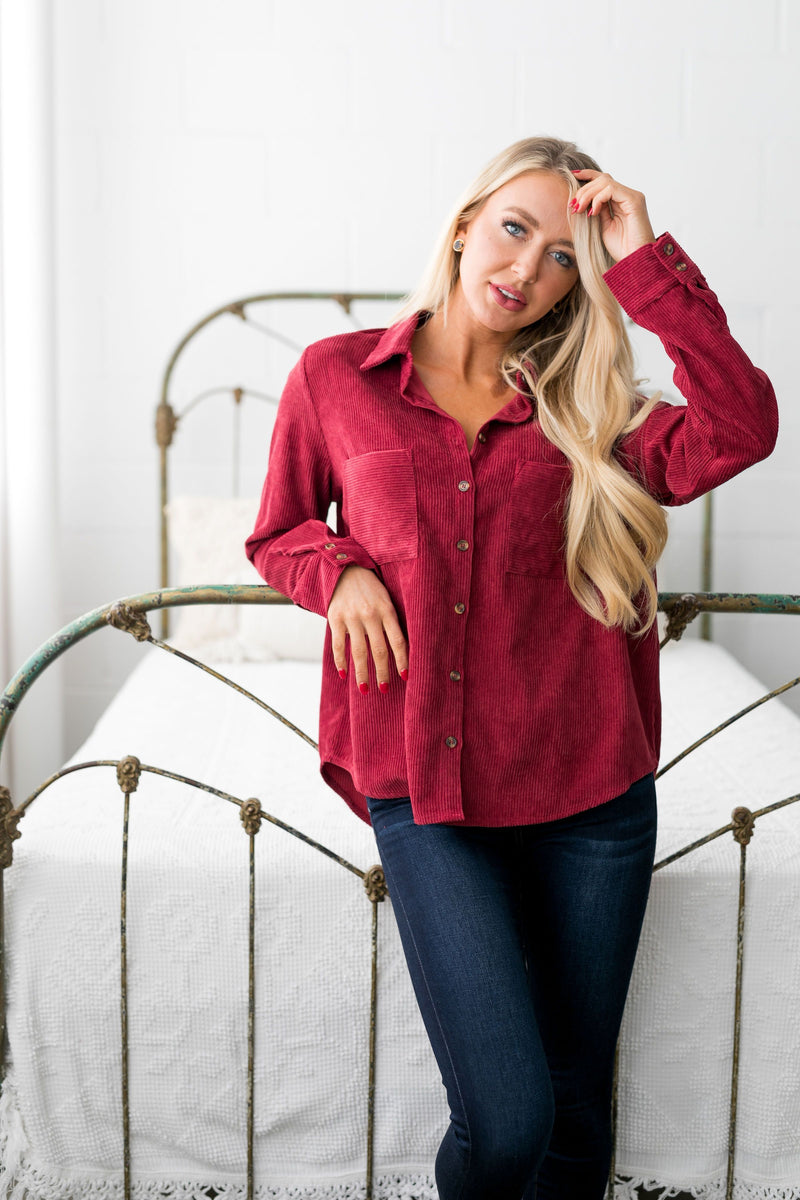 Corduroy Buttondown In Red - ALL SALES FINAL