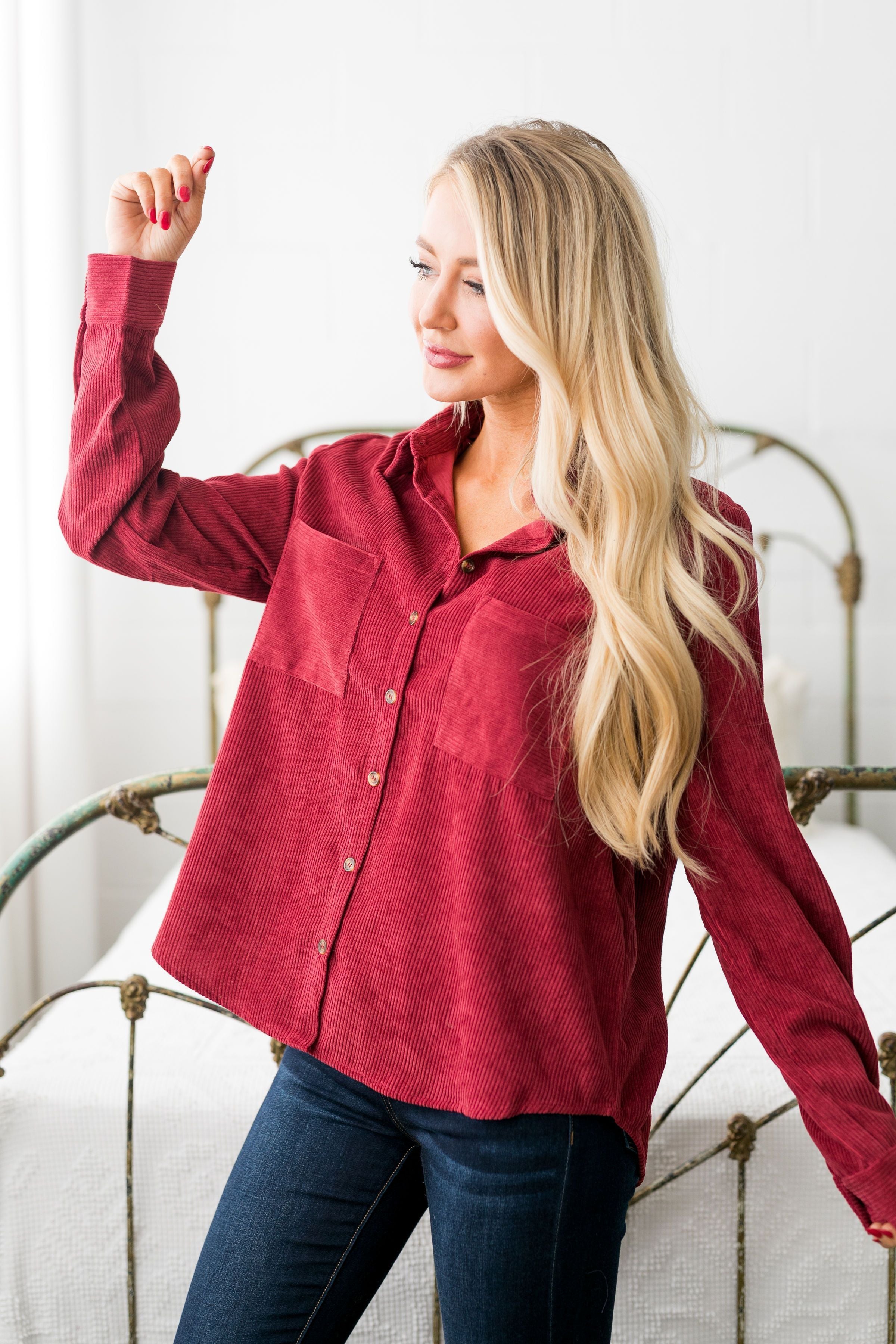 Corduroy Buttondown In Red - ALL SALES FINAL