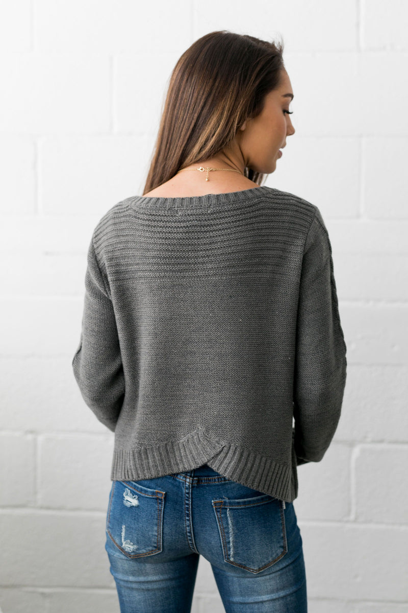 Cropped Cable Knit Sweater In Charcoal - ALL SALES FINAL