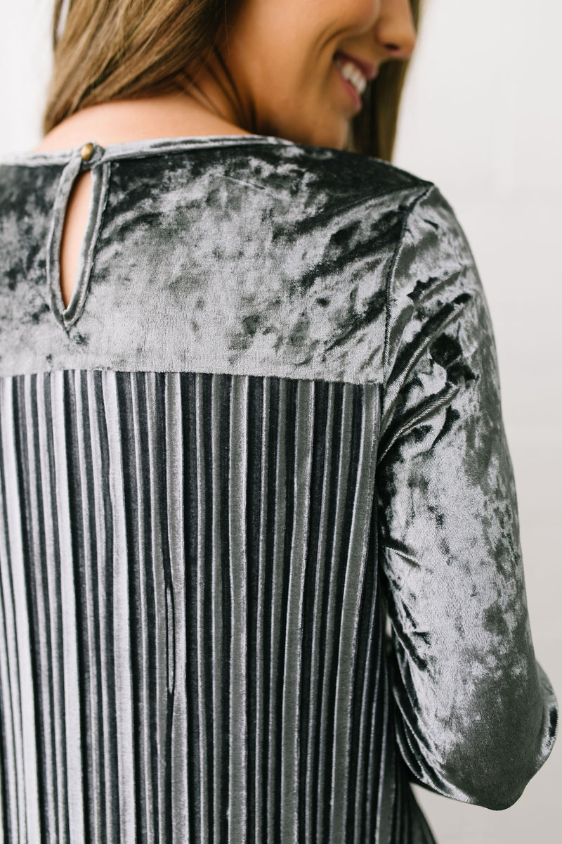 Crushing It Velvet Pleated Back Top In Charcoal - ALL SALES FINAL