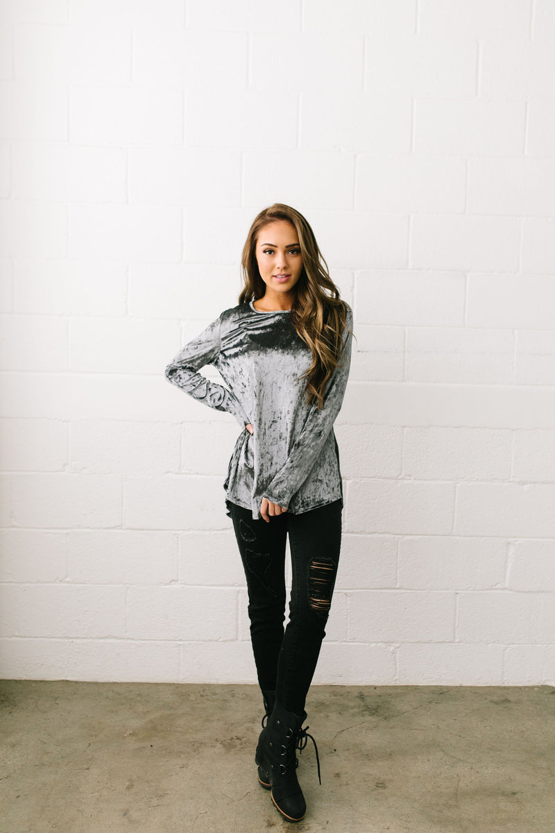 Crushing It Velvet Pleated Back Top In Charcoal - ALL SALES FINAL
