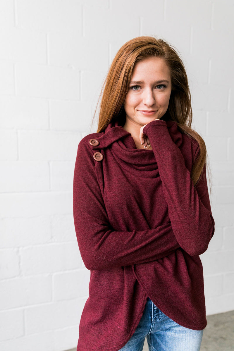 Cute As A Button Cowl Neck Sweater In Burgundy