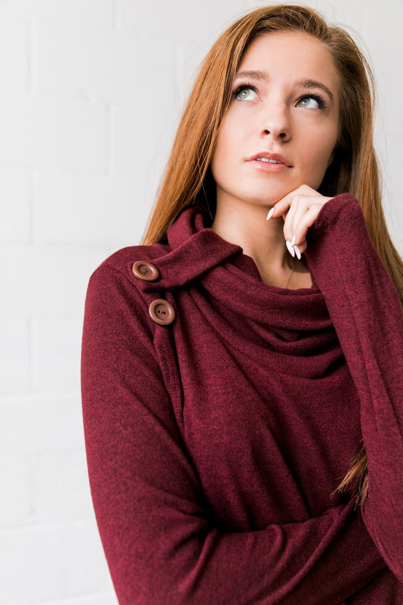 Cute As A Button Cowl Neck Sweater In Burgundy